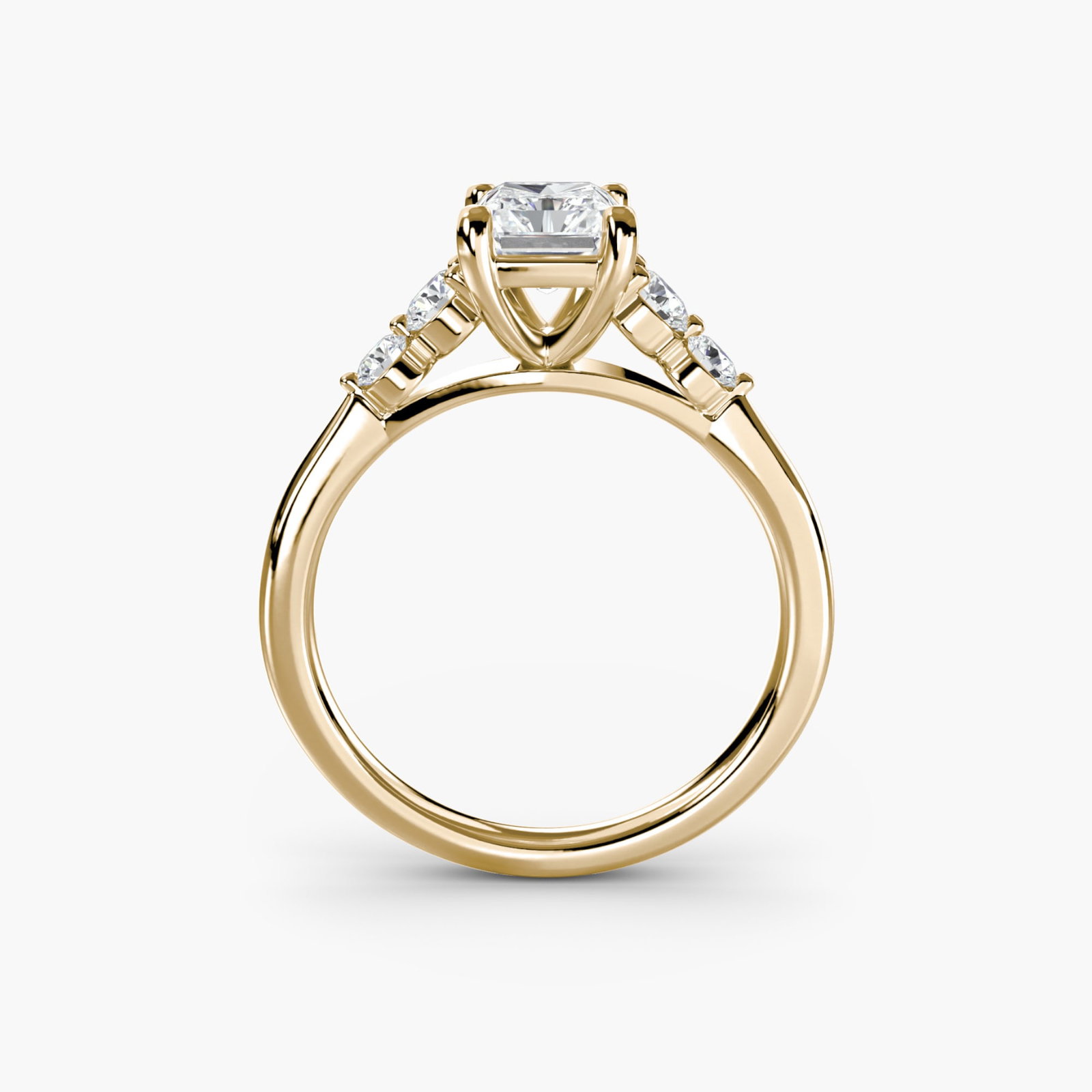 Solitaire Radiant 14Kt Yellow Gold Ring Setting: Solitaire Radiant 14Kt Yellow Gold Ring Setting Radiant 14Kt Yellow Gold Ring Setting for a timeless and elegant look. This stunning setting features four lab-grown side stones totaling 0.23 carats,
