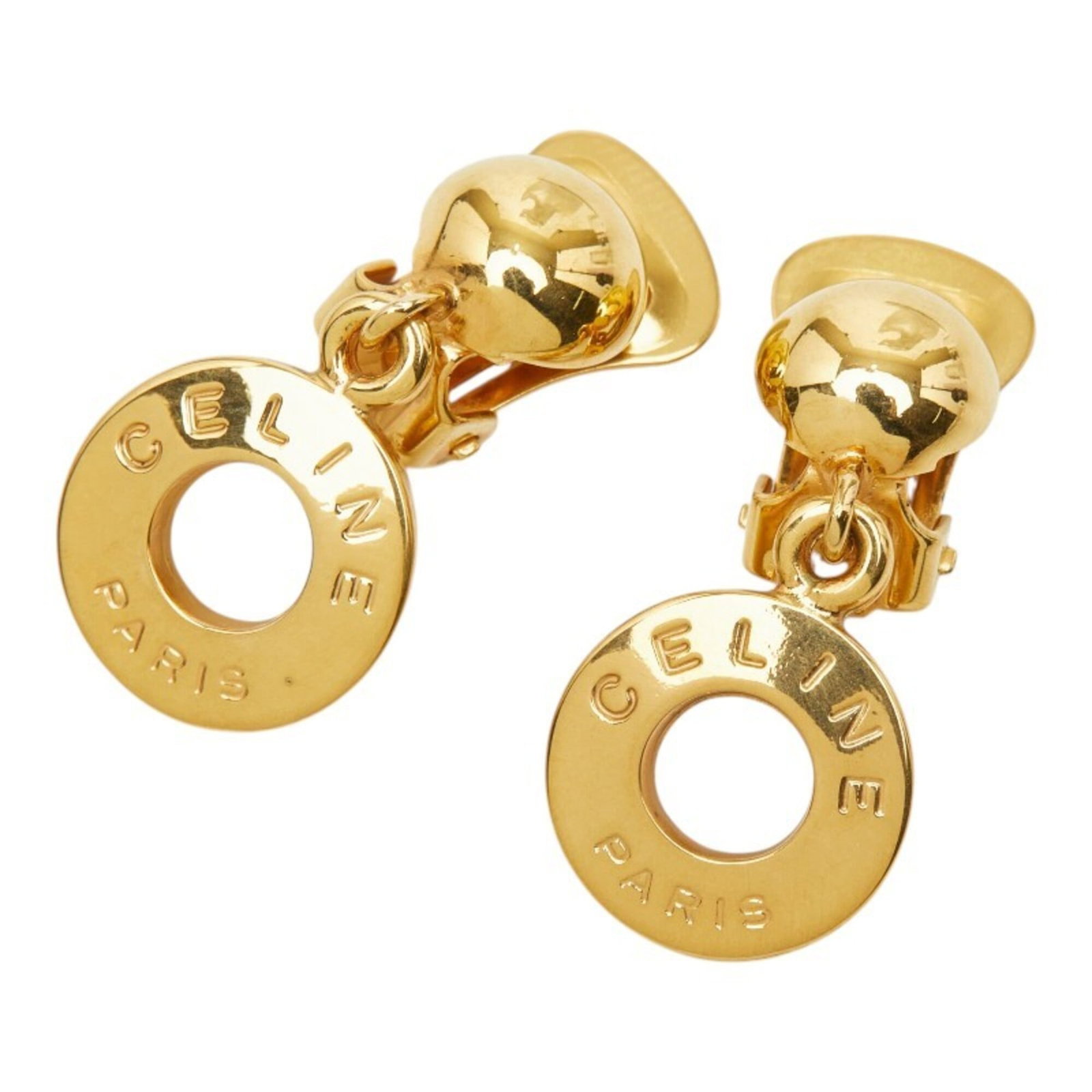 Celine Clip Earrings: Celine Clip Earrings Gold Celine Clip Earrings in very good condition, with a few traces of usage and minor scratches/dirt. These clip earrings showcase the luxury brand's signature style, featuring a