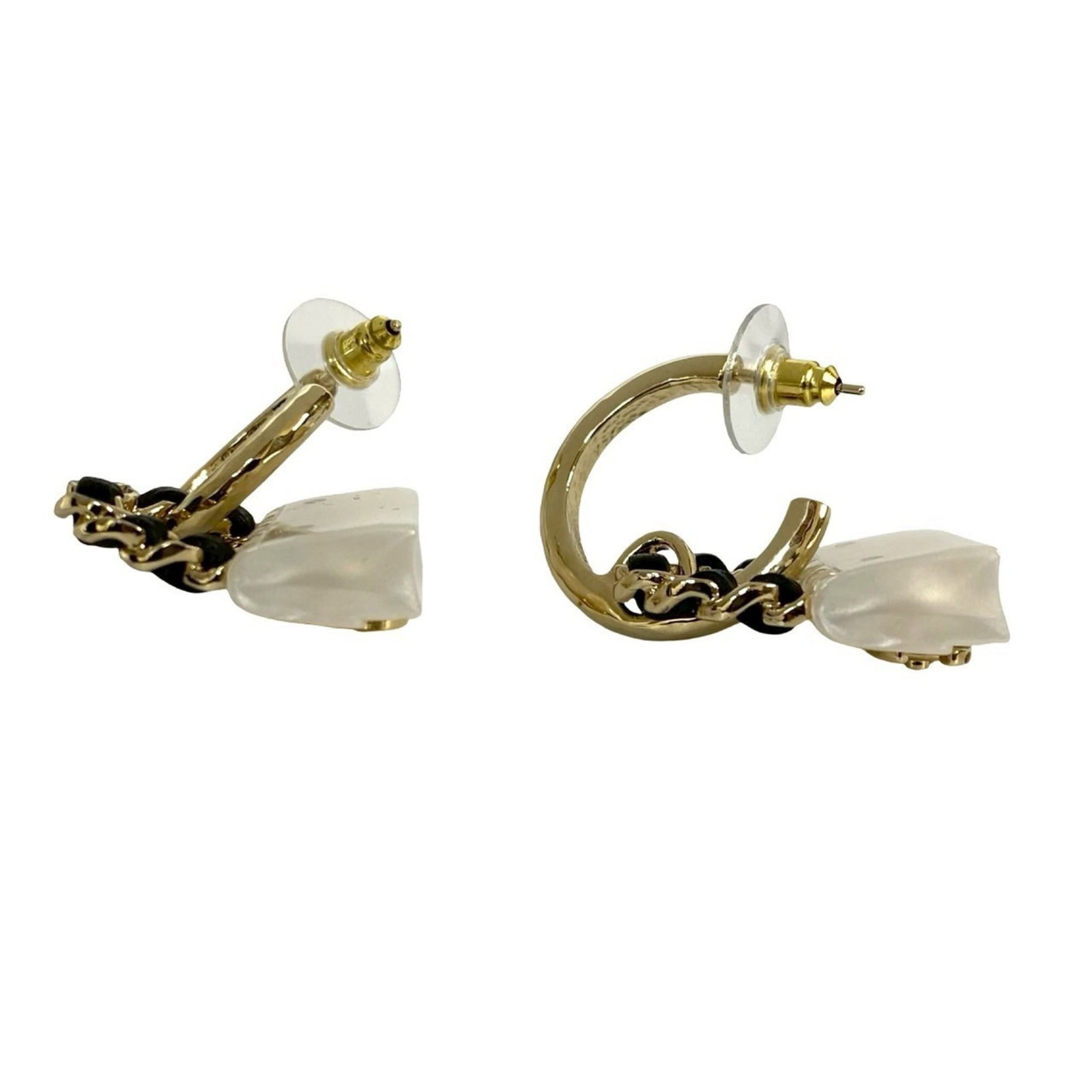Chanel Stud Earrings Gold Plating, Plastic: Chanel Stud Earrings Gold Plating, Plastic Stud earrings in gold plating and plastic, featuring iconic Chanel designs. These black, gold, and white earrings showcase the brand's signature style with s