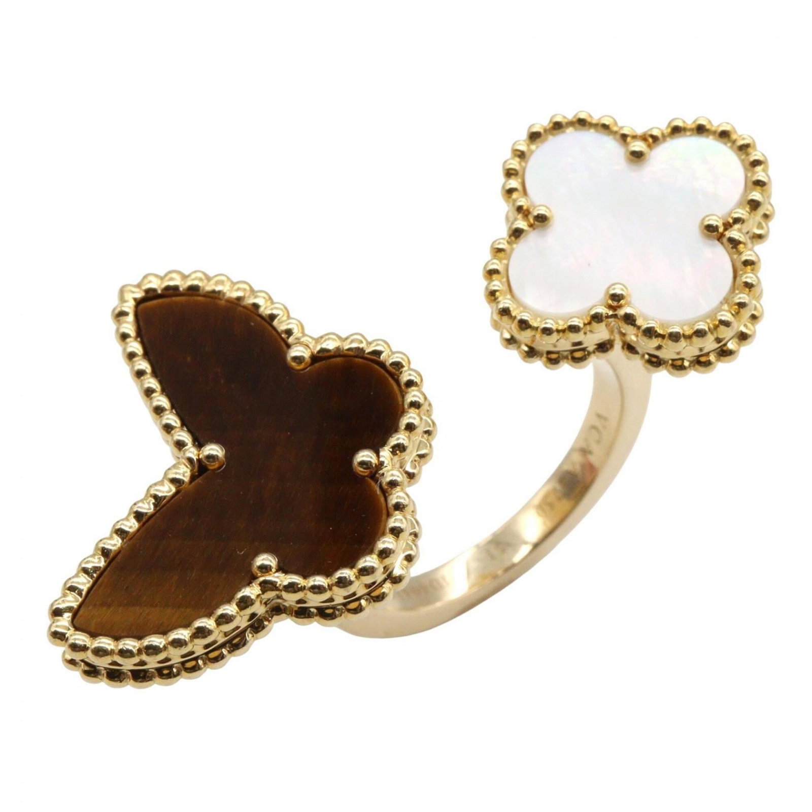 Van Cleef & Arpels Band Ring Mother Of Pearl, Yellow Gold (18K): Van Cleef & Arpels Band Ring Mother Of Pearl, Yellow Gold (18K) Van Cleef & Arpels' iconic Band Ring showcases stunning Mother Of Pearl and Tiger's Eye stones set in 18K yellow gold. This elegant piec