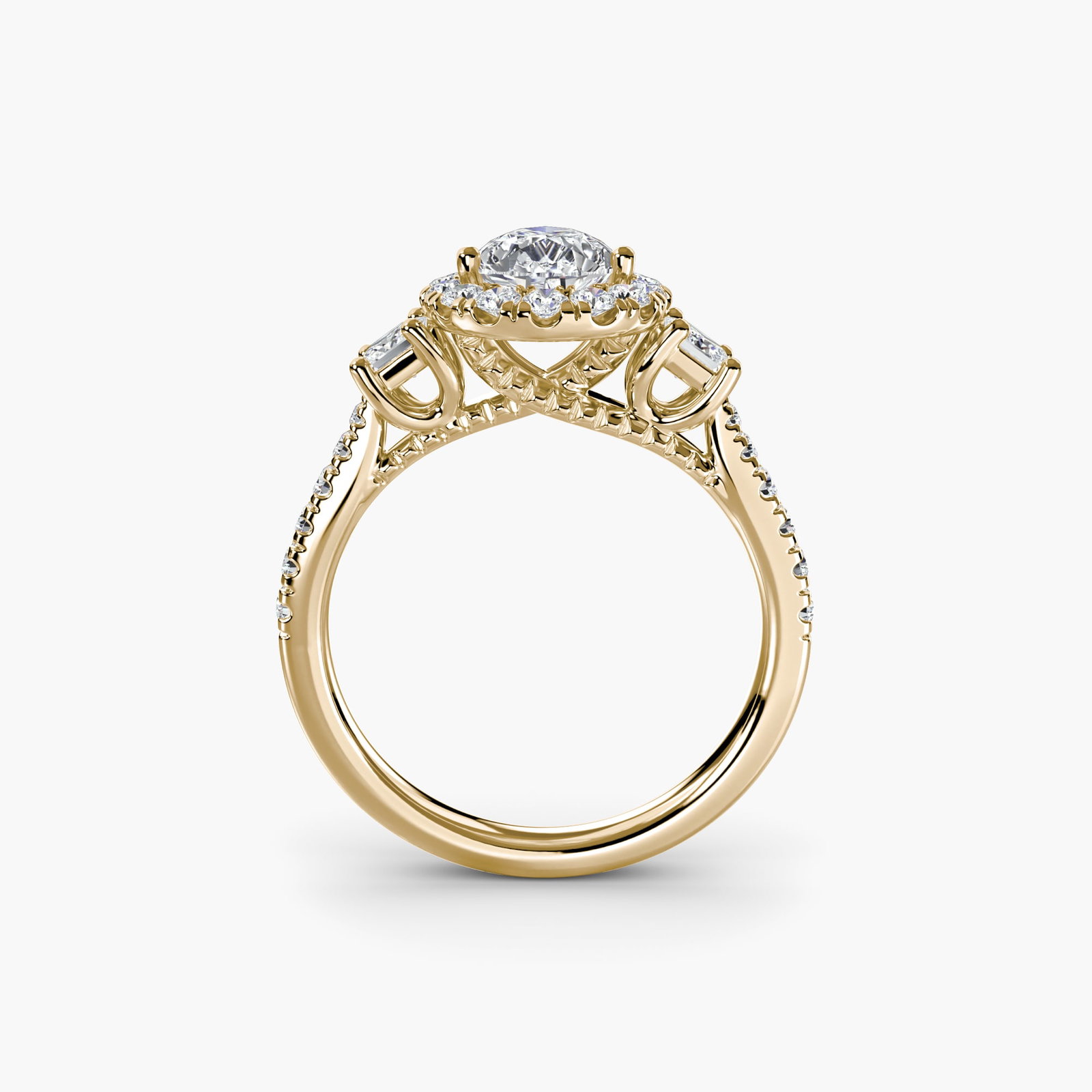 Halo Pear 14Kt Yellow Gold Ring Setting: Halo Pear 14Kt Yellow Gold Ring Setting 14Kt Yellow Gold Pear Ring Setting with 30 Lab Grown Side Stones. This stunning ring setting features a pear shape with a total carat weight of 0.706,