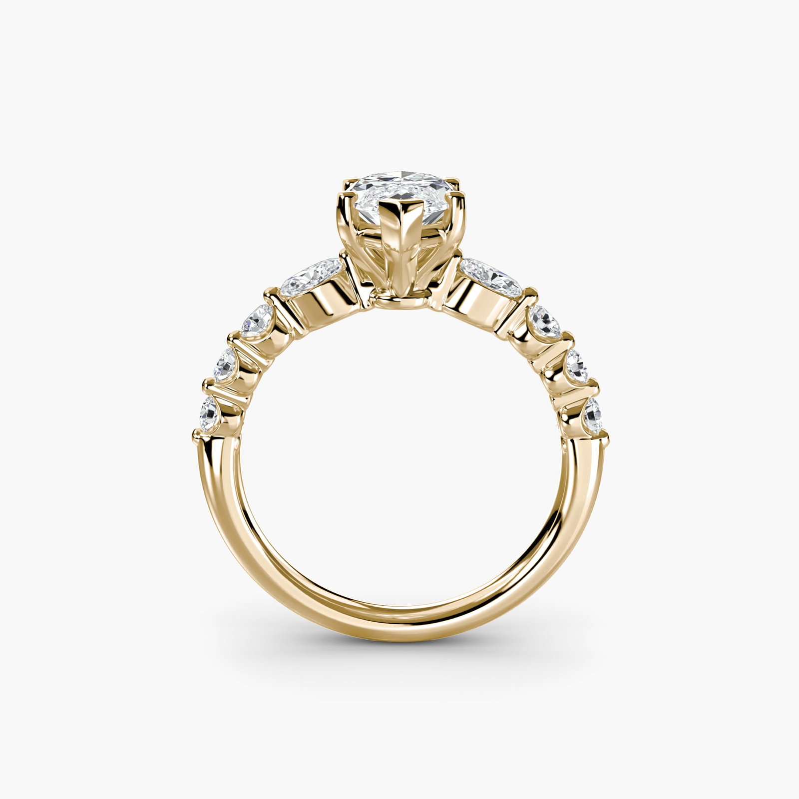 Pave Marquise 14Kt Yellow Gold Ring Setting: Pave Marquise 14Kt Yellow Gold Ring Setting Pave marquise ring setting in 14Kt yellow gold features eight lab-grown side stones totaling 0.29 carats, set on a band with a width of 2.3mm. The metal wei