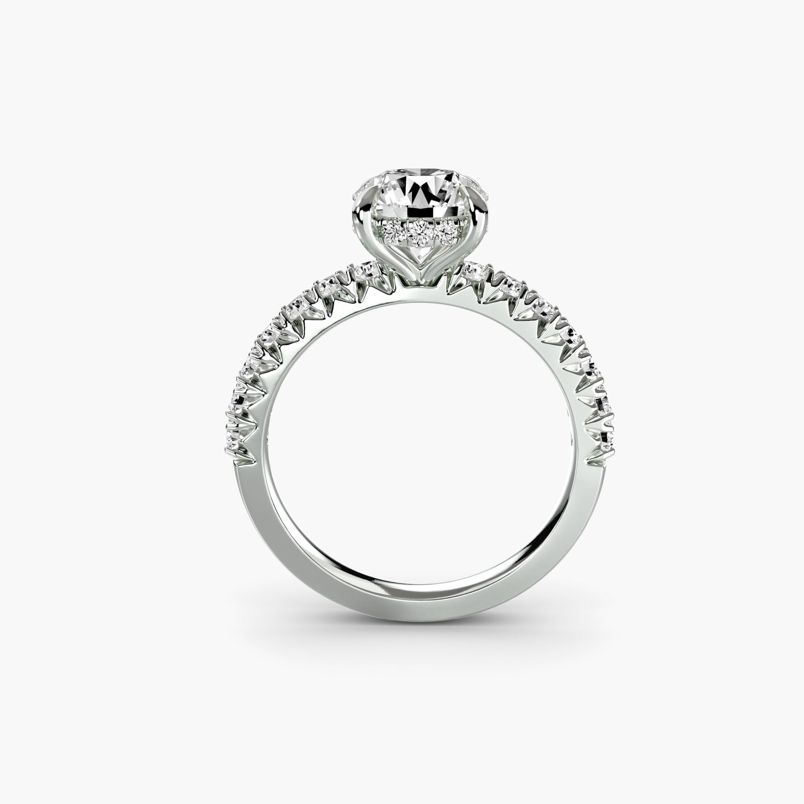 Hidden Halo Round 950 Platinum Ring Setting: Hidden Halo Round 950 Platinum Ring Setting Round halo setting crafted from 950 platinum, this ring features 26 lab-grown side stones totaling 0.42 carats in EF/VS clarity and color. The setting's