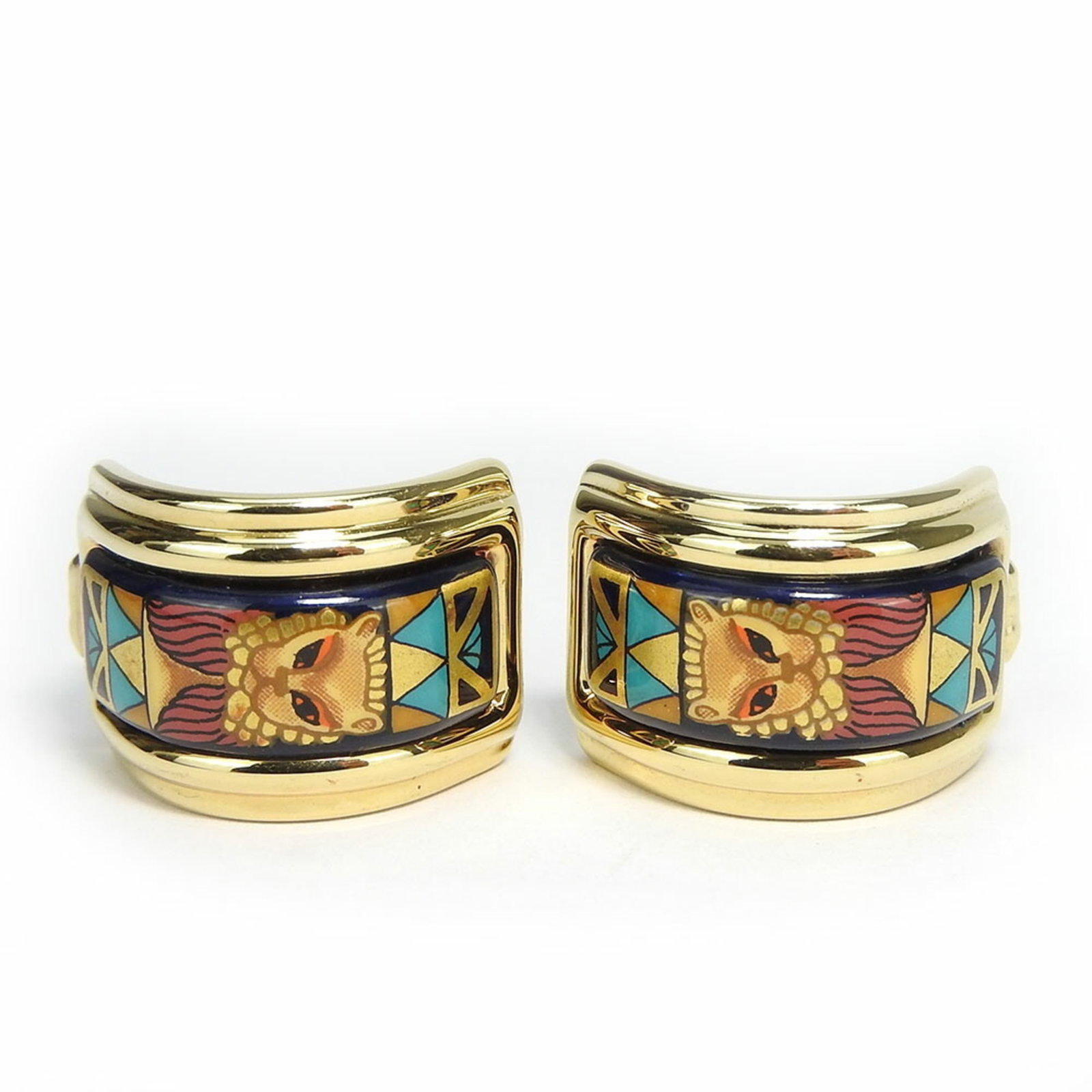 Hermes Clip Earrings Cloisonn/Enamel, Metal: Hermes Clip Earrings Cloisonn/Enamel, Metal Beautiful blue and gold cloisonn? enamel clip earrings from iconic luxury brand Hermes. With their intricate metalwork and multi-colored design, these earri
