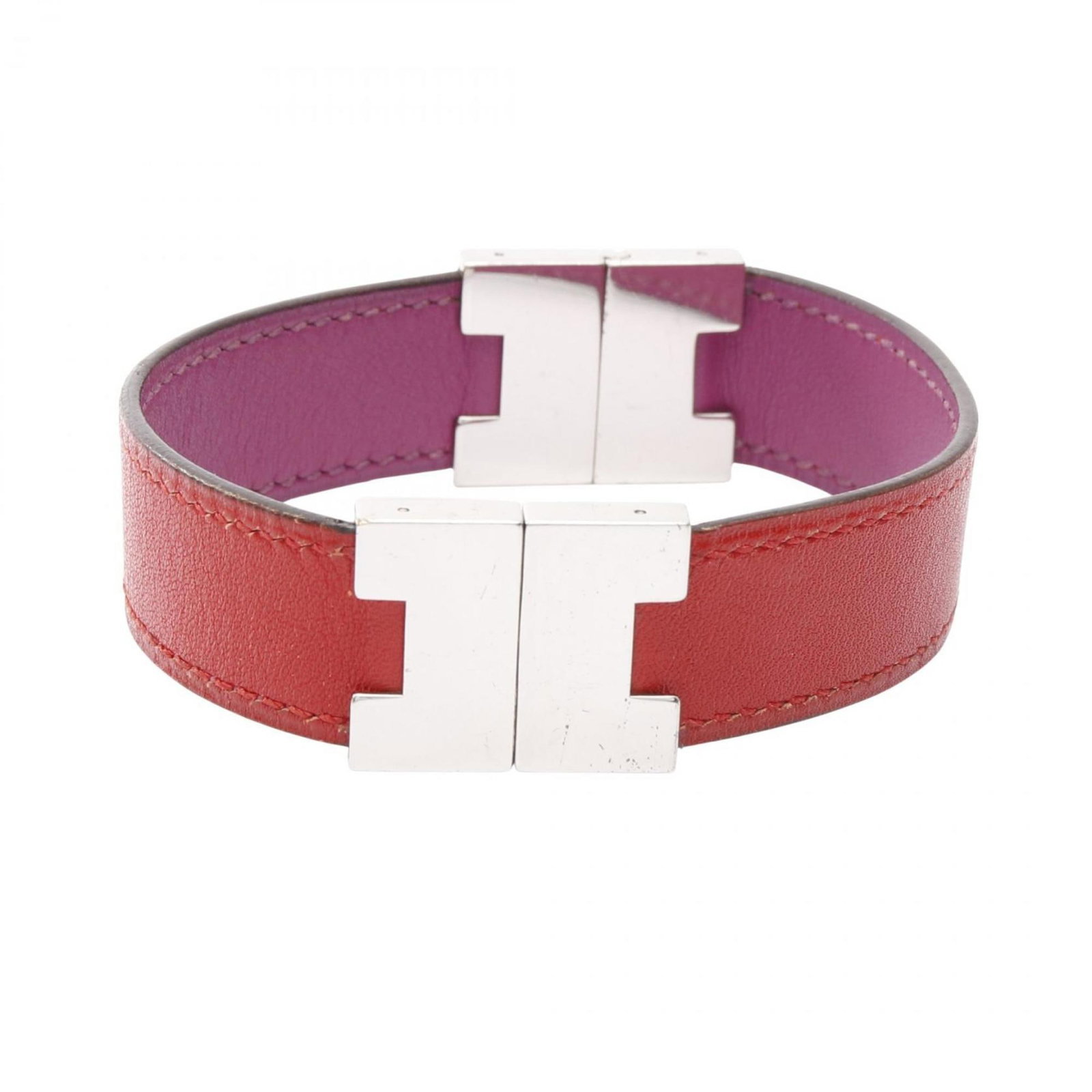Hermes Charm Bracelet Leather, Stainless Steel: Hermes Charm Bracelet Leather, Stainless Steel The Hermes Charm Bracelet boasts a unique combination of leather and stainless steel, with a striking purple, red color scheme. Traces of usage are evide