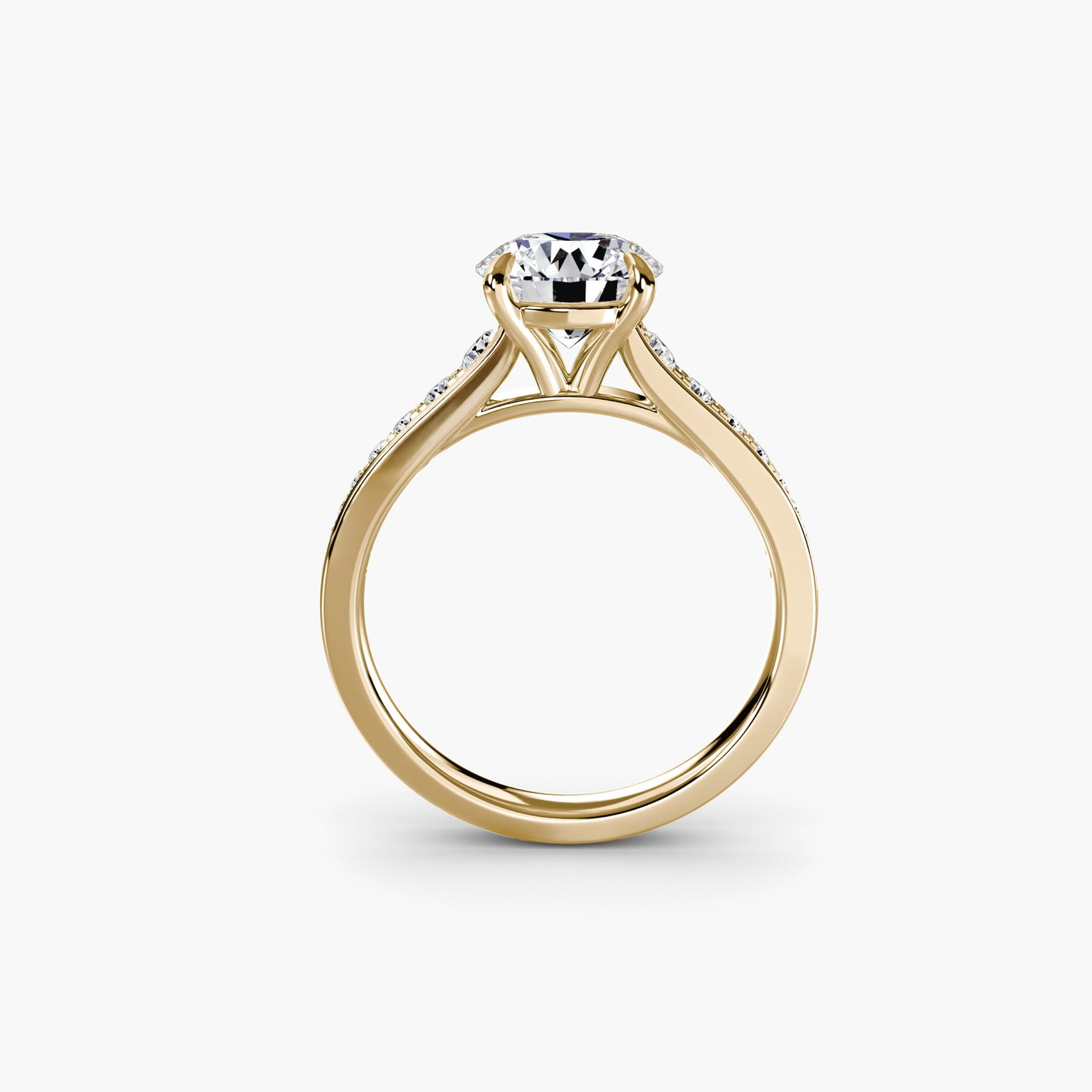 Pave Round 18Kt Yellow Gold Ring Setting: Pave Round 18Kt Yellow Gold Ring Setting The pave round 18Kt yellow gold ring setting boasts a delicate 2.4mm band width and features 16 side stones totaling 0.23 carats of lab-grown EF/VS colour and 