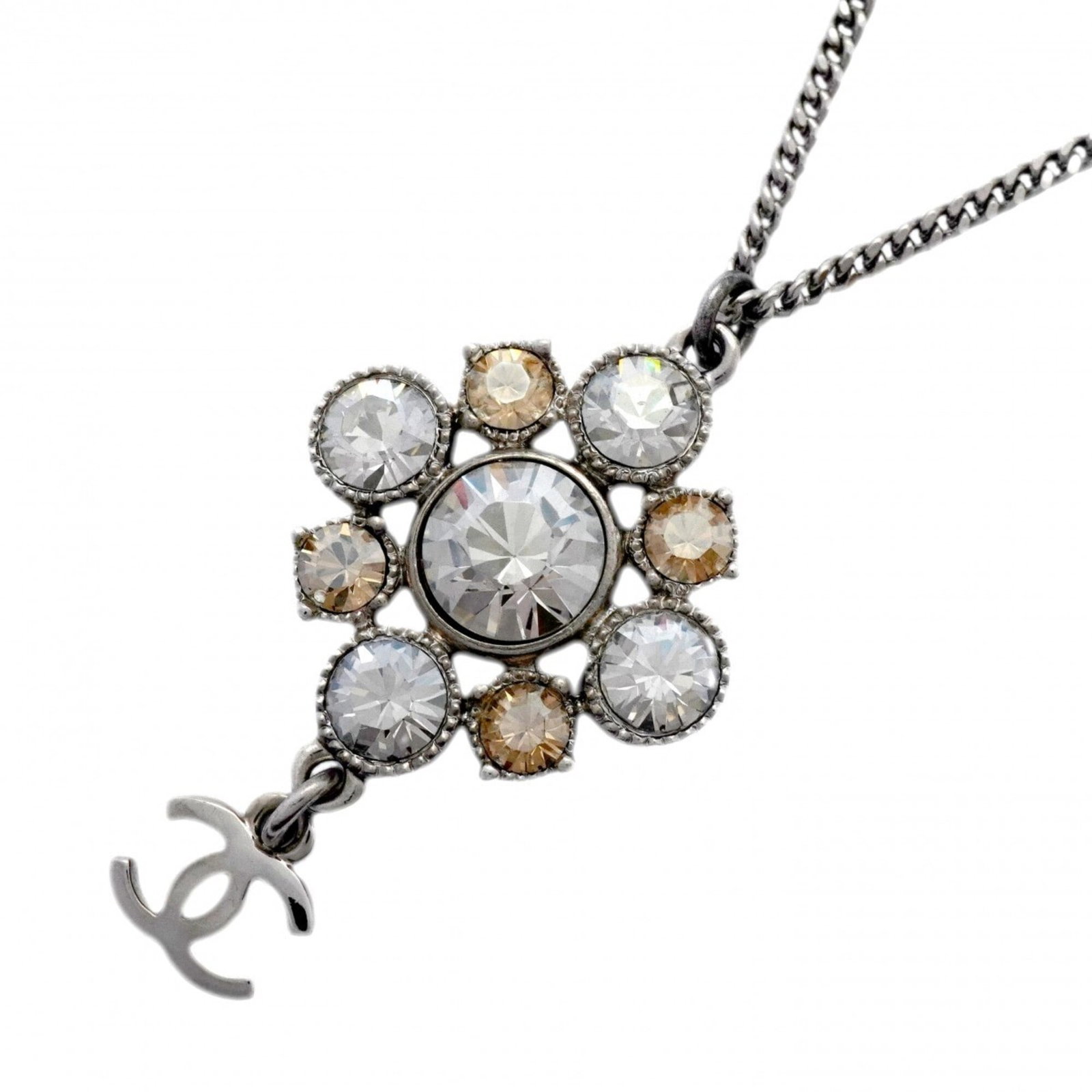 Chanel Necklace, Coco Mark, Metal, Rhinestone, Silver, Women's: Chanel Necklace, Coco Mark, Metal, Rhinestone, Silver, Women's The Coco Mark Chanel Necklace boasts an elegant silver design adorned with rhinestones, adding a touch of sophistication to any outfit.