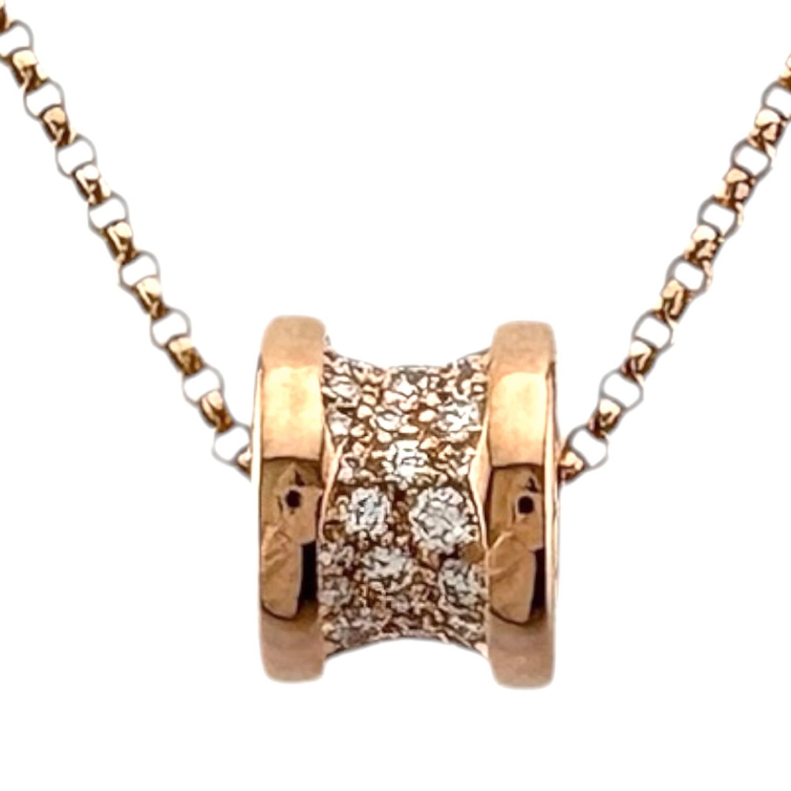 Bulgari B-ZERO.1 Pavelo Diamond Necklace, 18K Gold, Diamond, Women's BVLGARI: Bulgari B-ZERO.1 Pavelo Diamond Necklace, 18K Gold, Diamond, Women's BVLGARI Pink gold 18K BVLGARI necklace featuring a diamond pendant with a 45 cm circumference and 9mm x 7mm pendant size. This eleg