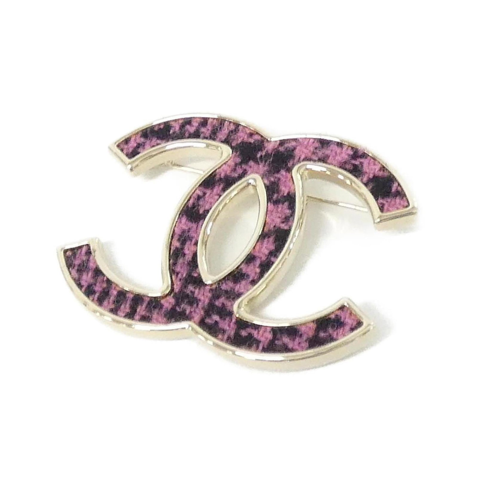 Chanel Brooch Leather: Chanel Brooch Leather This Chanel Brooch Leather features a striking black, gold, and pink design. Made from high-quality leather, its sleek 4.5cm x 6cm size makes it a stylish addition to any outfit.