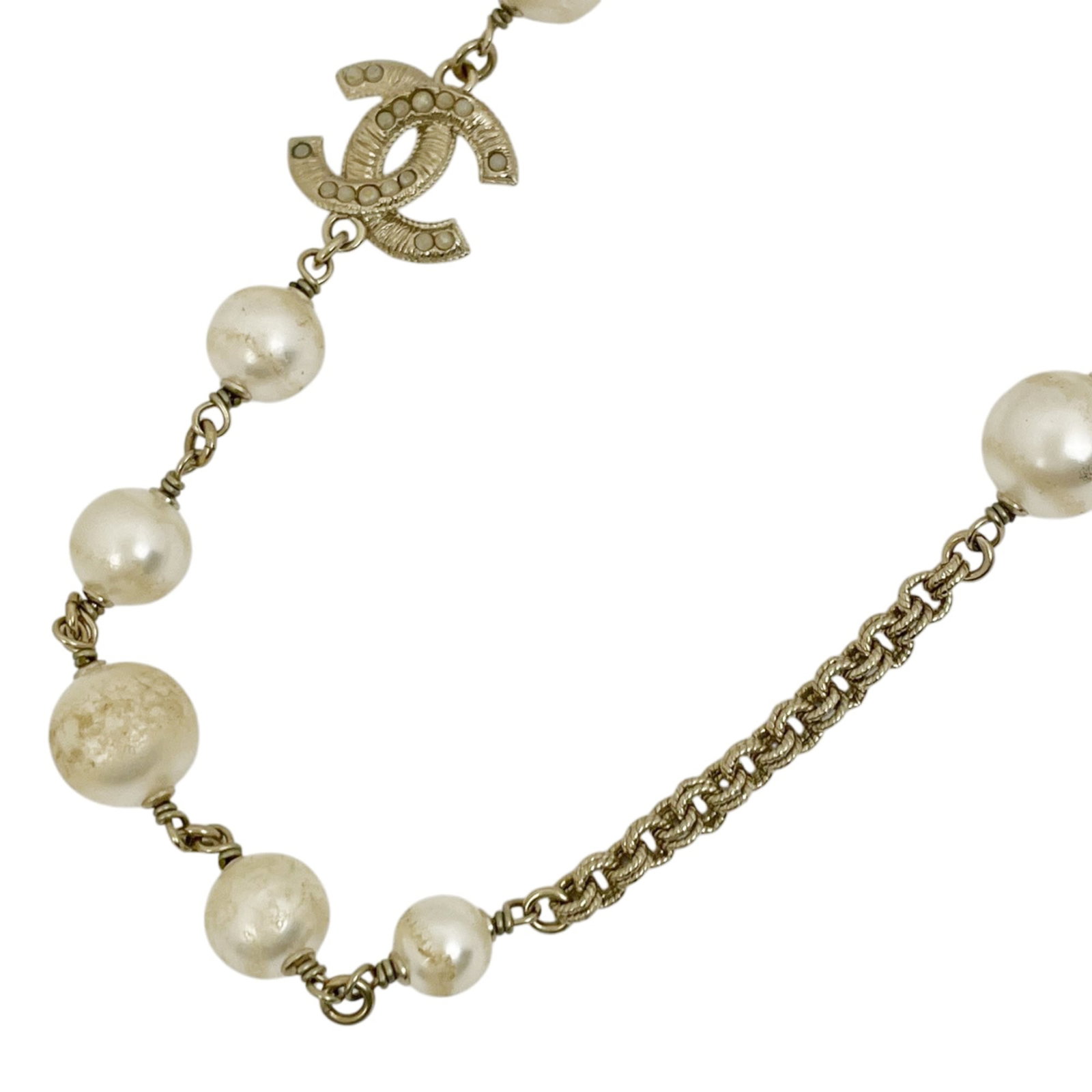 Chanel Coco Mark Faux Pearl Necklace GP White Gold Women's: Chanel Coco Mark Faux Pearl Necklace GP White Gold Women's Chanel's iconic Coco Mark Faux Pearl Necklace shines in this GP White Gold women's piece. With its white gold plating and delicate design,