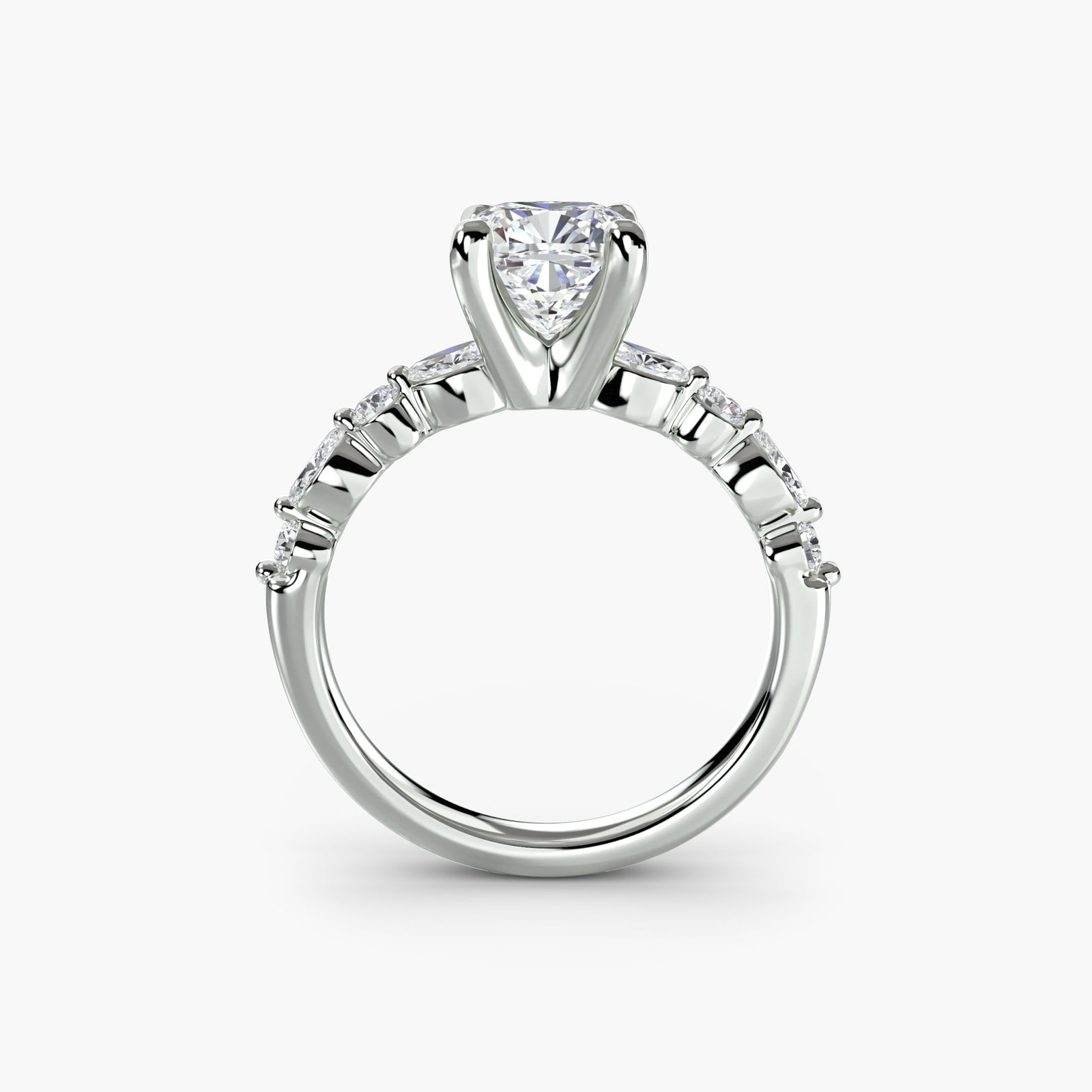Pave Cushion 14Kt White Gold Ring Setting: Pave Cushion 14Kt White Gold Ring Setting Pave cushion ring setting in 14Kt white gold features eight lab-grown side stones totaling 0.35 carats, creating a subtle sparkle within its 2.5mm wide band. 