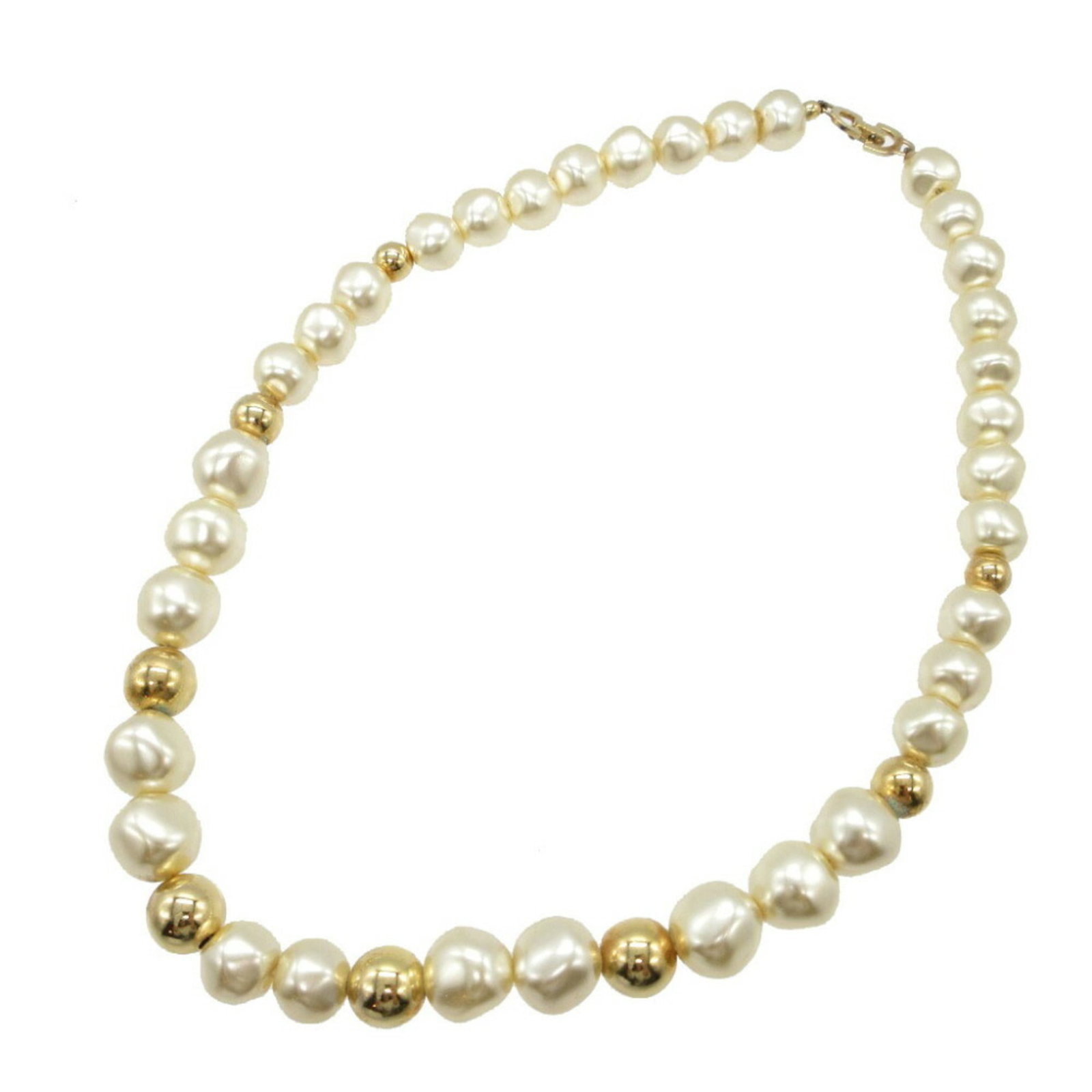 Christian Dior Fake Pearl Metal White Gold Necklace 0033Christian 5K0033IIE5: Christian Dior Fake Pearl Metal White Gold Necklace 0033Christian 5K0033IIE5 Used Christian Dior metal white gold necklace with traces of usage and minor scratches. The necklace features a pearl
