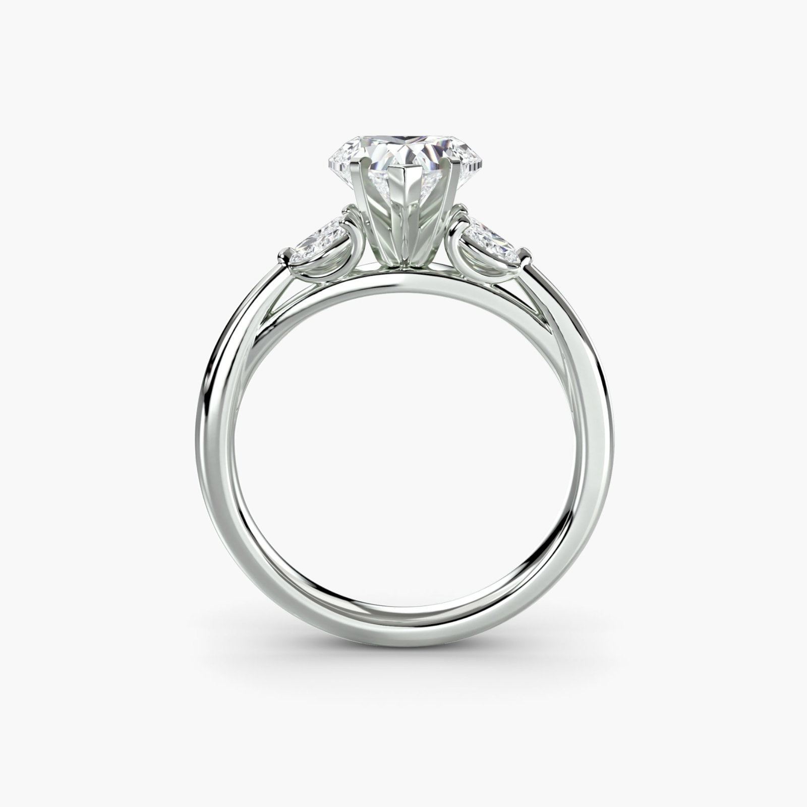 Side Stone Heart 950 Platinum Ring Setting: Side Stone Heart 950 Platinum Ring Setting Side stone heart ring setting made from 950 platinum, featuring four lab-grown stones totaling 0.43 carats in EF/VS clarity and color. The ring's sleek desig