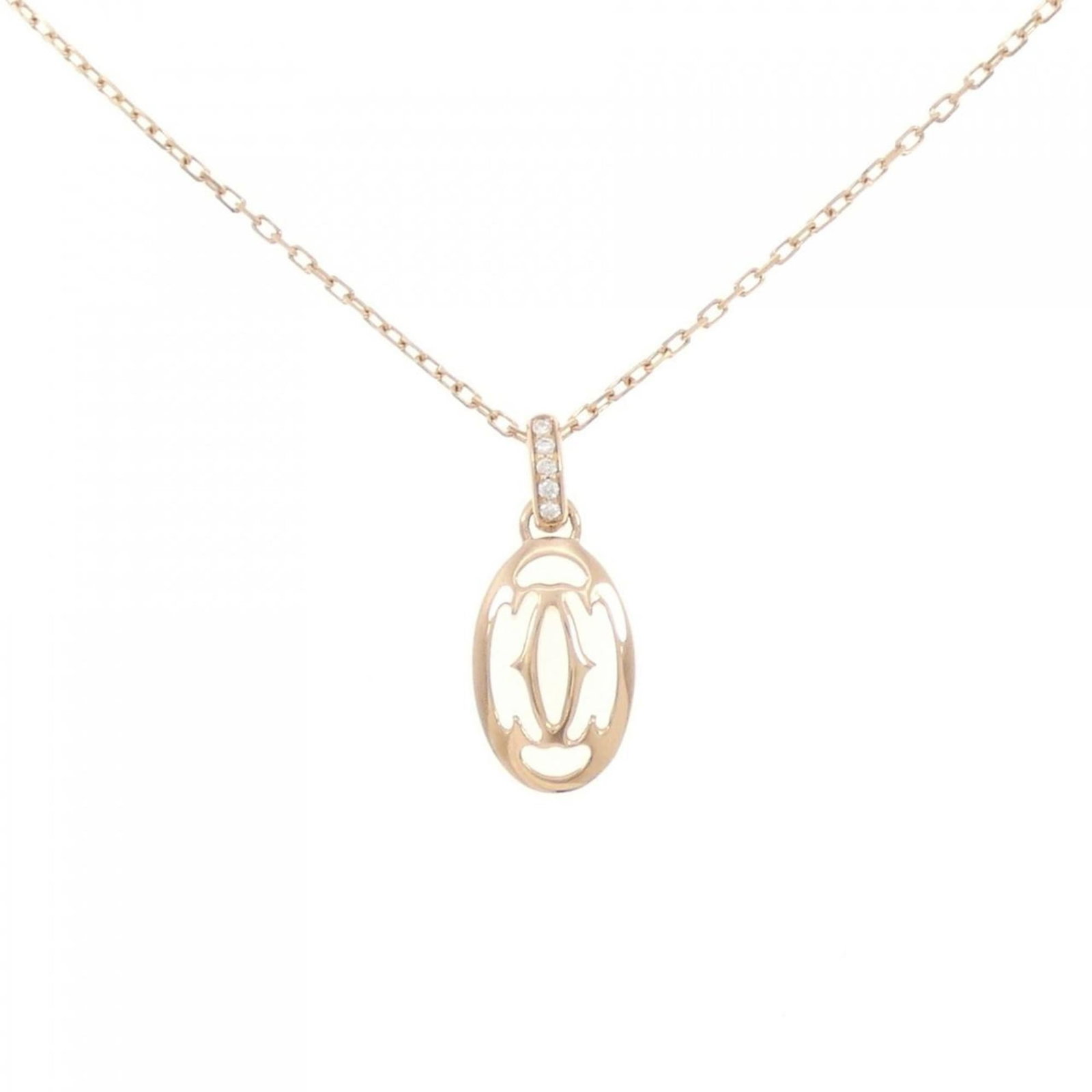 Cartier logo necklace: Cartier logo necklace Pink gold (18K) Cartier logo necklace with a diamond pendant, available in various sizes to fit. The necklace features a 21.9mm x 9.3mm pendant and can be adjusted to a circumfer