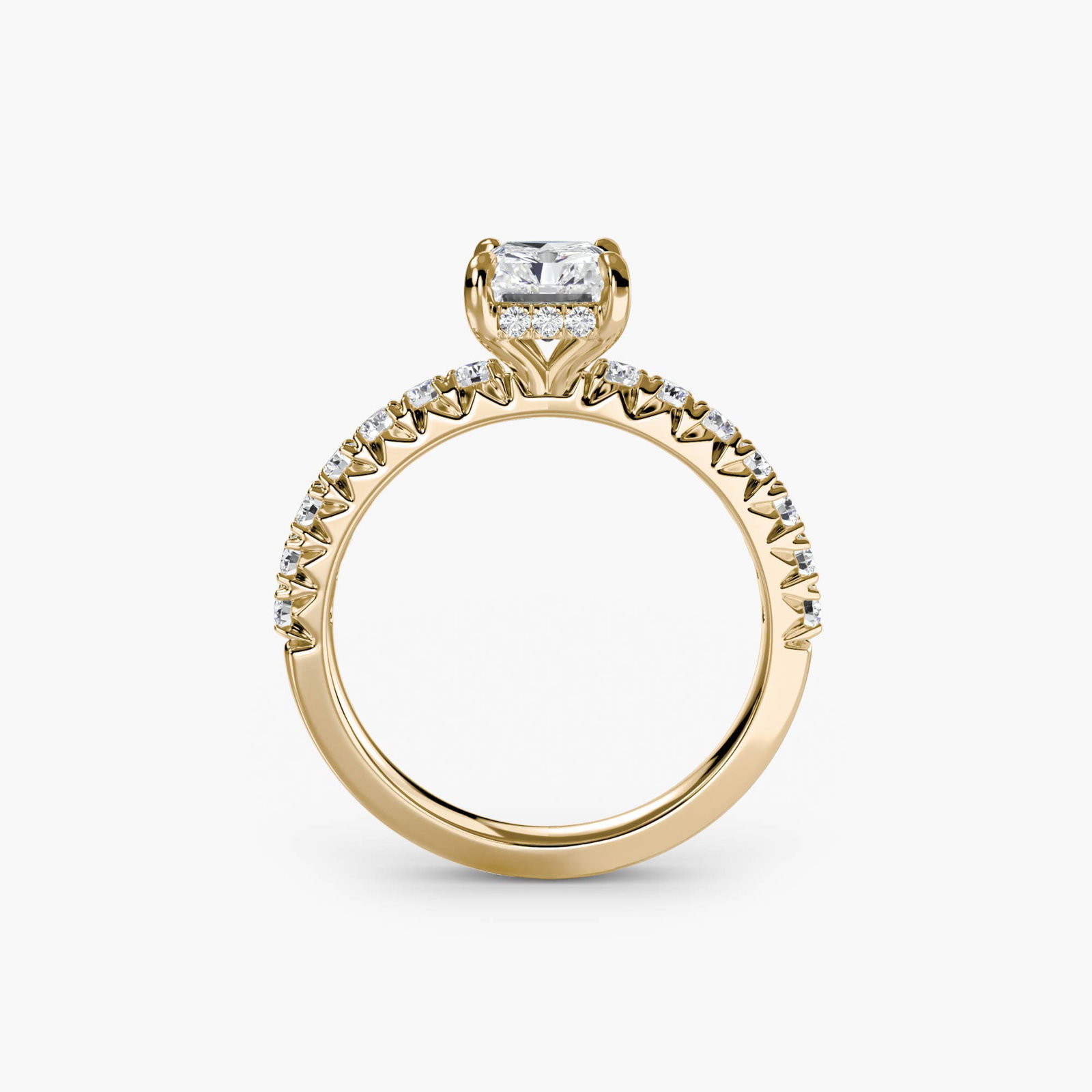 Hidden Halo Radiant 18Kt Yellow Gold Ring Setting: Hidden Halo Radiant 18Kt Yellow Gold Ring Setting Radiant 18Kt Yellow Gold Ring Setting. This stunning ring setting features a hidden halo design with 30 side stones totaling 0.43 carats of lab-grown