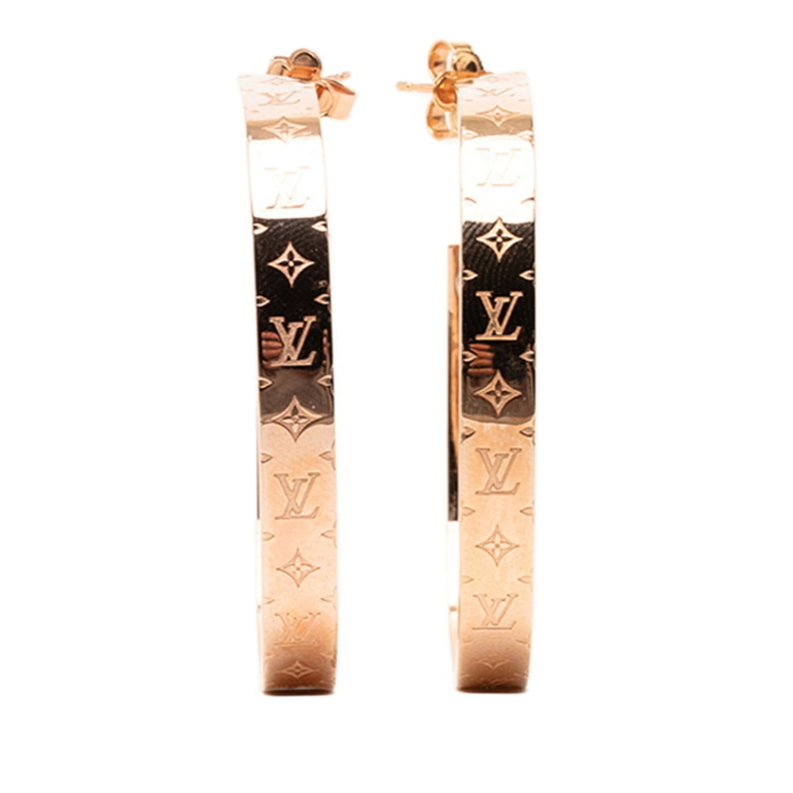Louis Vuitton Hoop Earrings: Louis Vuitton Hoop Earrings Rose gold hoop earrings from Louis Vuitton, featuring a subtle 48.20mm diameter and 6.00mm width. The earrings have been used and show some scratches and dirt, with a few