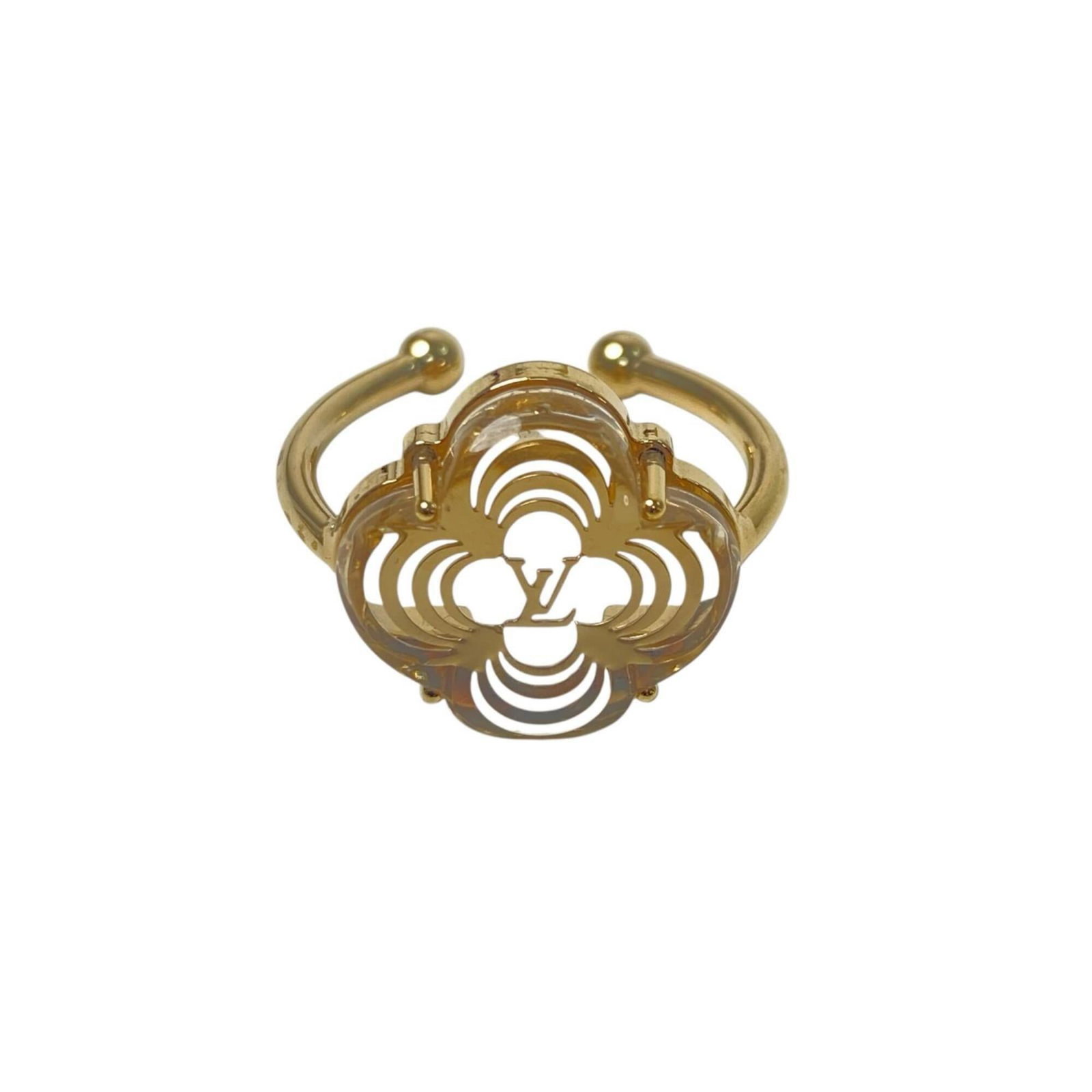Louis Vuitton Band Ring Metal: Louis Vuitton Band Ring Metal This Louis Vuitton Band Ring Metal features a clear and gold metal design. The band ring has some minor scratches and dirt, showing signs of previous use, but remains in