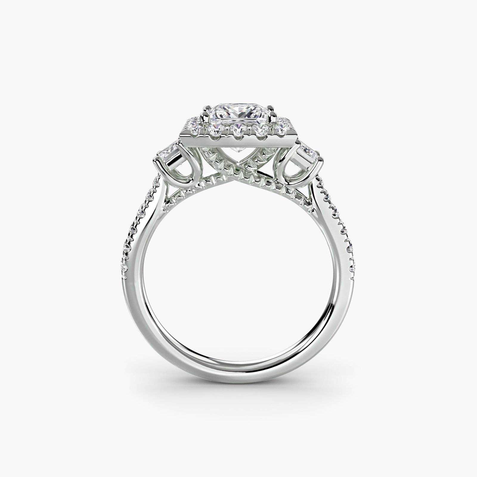 Halo Princess 18Kt White Gold Ring Setting: Halo Princess 18Kt White Gold Ring Setting Princess ring setting crafted from 18Kt white gold, featuring 30 lab-grown side stones totaling 0.756 carats in EF/VS clarity and colour. The ring's metal