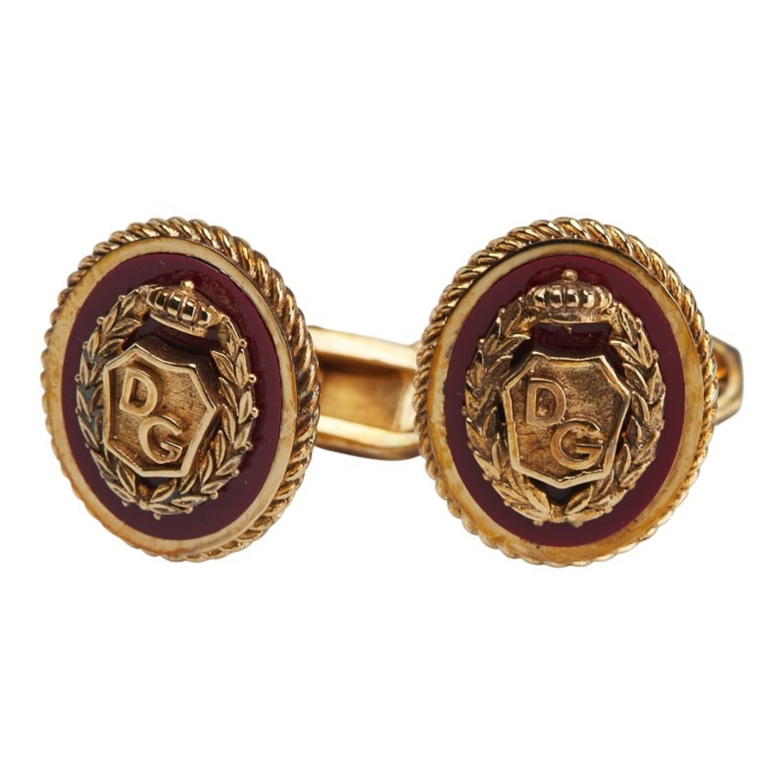 Dolce & Gabbana Cufflinks: Dolce & Gabbana Cufflinks Gold and red Dolce & Gabbana cufflinks with a 22.30mm x 13.70mm size, bearing traces of usage and minor scratches. The item is in good condition, showing signs of wear but
