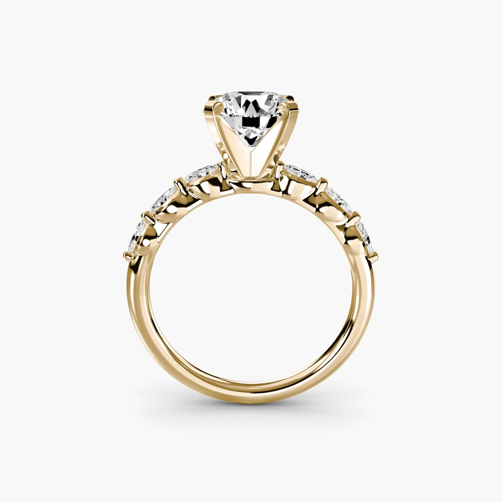 Side Stone Round 14Kt Yellow Gold Ring Setting: Side Stone Round 14Kt Yellow Gold Ring Setting The Side Stone Round 14Kt Yellow Gold Ring Setting boasts an elegant design with eight lab-grown side stones totaling 0.22 carats in EF/VS clarity and
