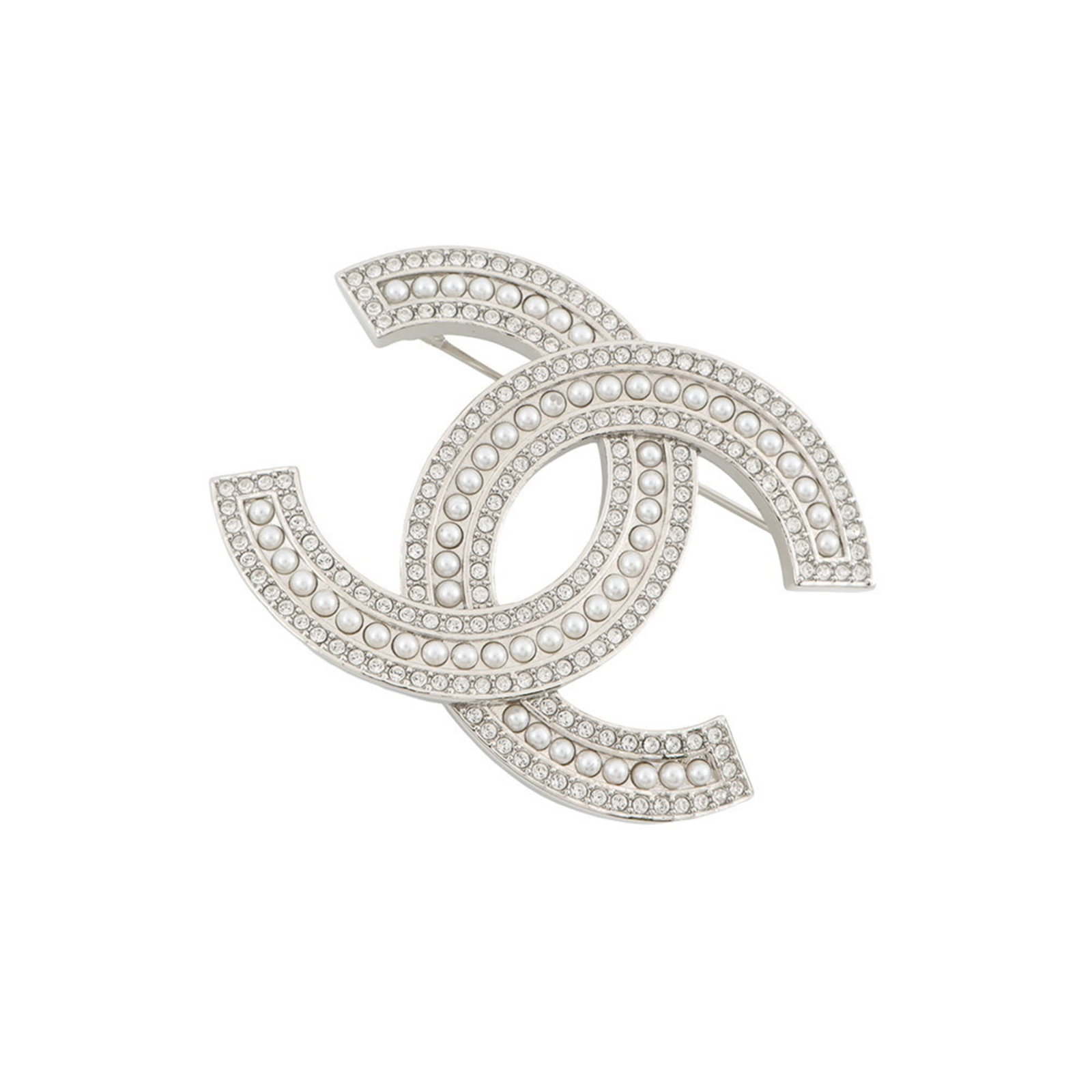 Chanel Brooch Metal, Rhinestone: Chanel Brooch Metal, Rhinestone This silver Chanel brooch features intricate metalwork and rhinestones, adding a touch of luxury to any outfit. With its classic design and high-quality materials,
