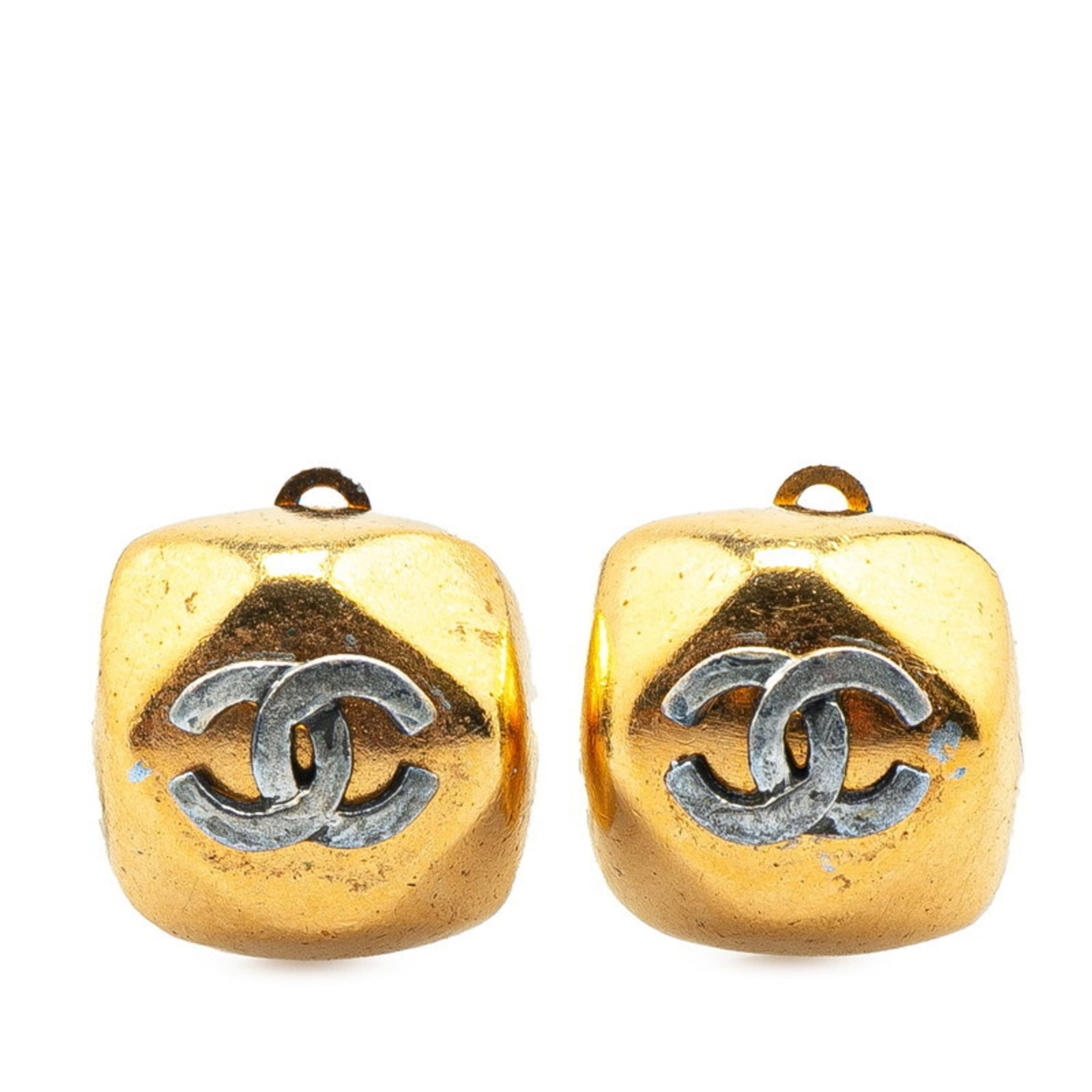 Chanel Clip Earrings Metal: Chanel Clip Earrings Metal Gold and Silver Chanel Clip Earrings are available for sale. Made from metal, these clip earrings have a classic design with a gold and silver finish. They measure 16mm x 16