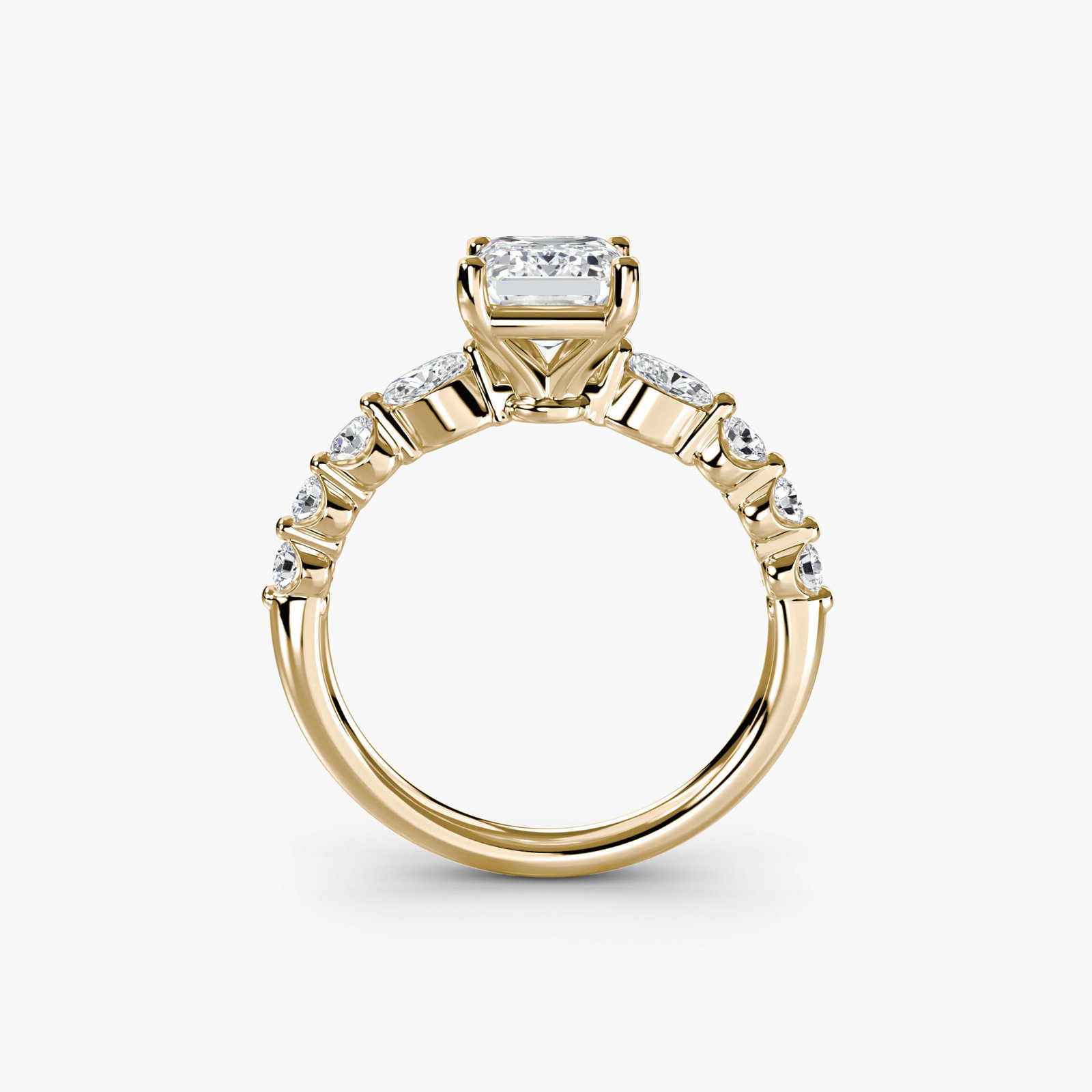 Pave Emerald 18Kt Yellow Gold Ring Setting: Pave Emerald 18Kt Yellow Gold Ring Setting Pave Emerald 18Kt Yellow Gold Ring Setting features an intricate design with 8 lab-grown side stones totaling 0.29 carats, set in a sturdy 4.24 carat metal w