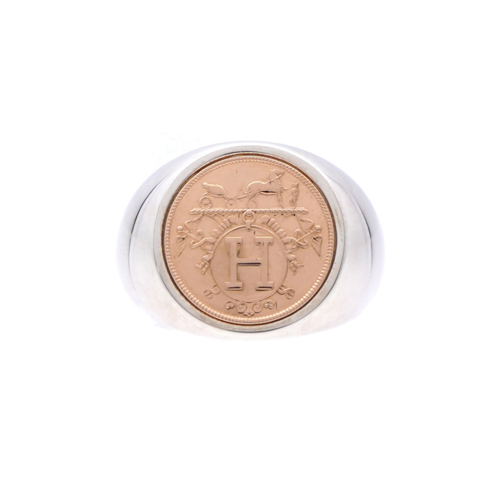 Hermes Band Ring Pink Gold (18K), Silver 925: Hermes Band Ring Pink Gold (18K), Silver 925 Pink Gold (18K) and Silver 925 come together in this elegant band ring from Hermes. The 53mm size fits comfortably on a US Size 6.5 hand, while the like-ne