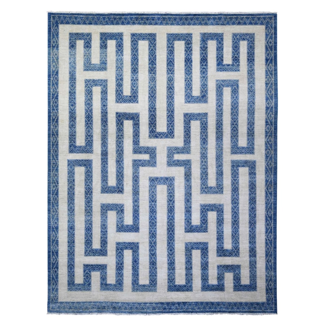 Blue wool hand knotted finer oriental rug from peshawar: Blue wool hand knotted finer oriental rug from peshawar Hand-knotted in fine wool, this blue oriental rug boasts intricate regional design and vibrant ivory accents against its field of deep blue.