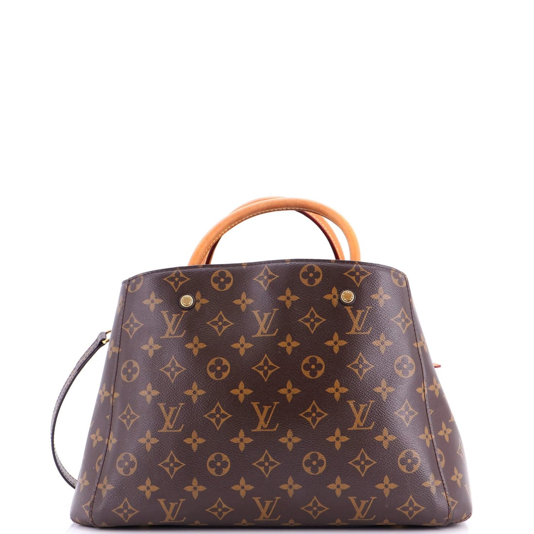 Montaigne MM Handbag Louis Vuitton Canvas: Montaigne MM Handbag Louis Vuitton Canvas Brown Louis Vuitton Canvas Montaigne MM Handbag with Gold Hardware and Red Interior. This classic tote features scuffs on the exterior, heavy wear on the hand