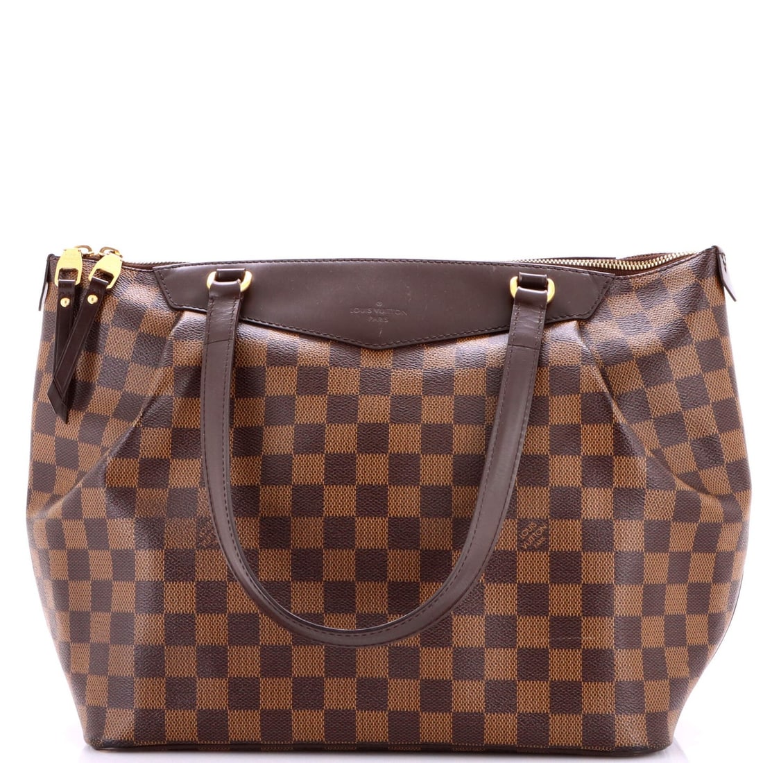 Damier Louis Vuitton Westminster Handbag: Damier Louis Vuitton Westminster Handbag The Damier Louis Vuitton Westminster Handbag boasts a classic design with a timeless canvas coated exterior in rich brown. Minor scuffs and corner wear add a