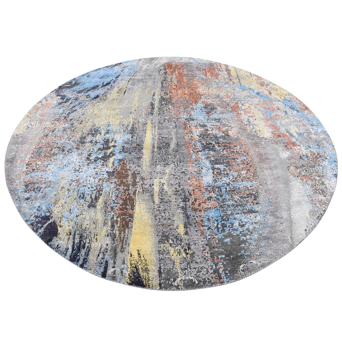 10x10 Gray Silk Wool Abstract Design Hand Knotted Round Rug: 10x10 Gray Silk Wool Abstract Design Hand Knotted Round Rug The 10x10 Gray Silk Wool Abstract Design Hand Knotted Round Rug boasts an intricate and unique oriental regional design, crafted from