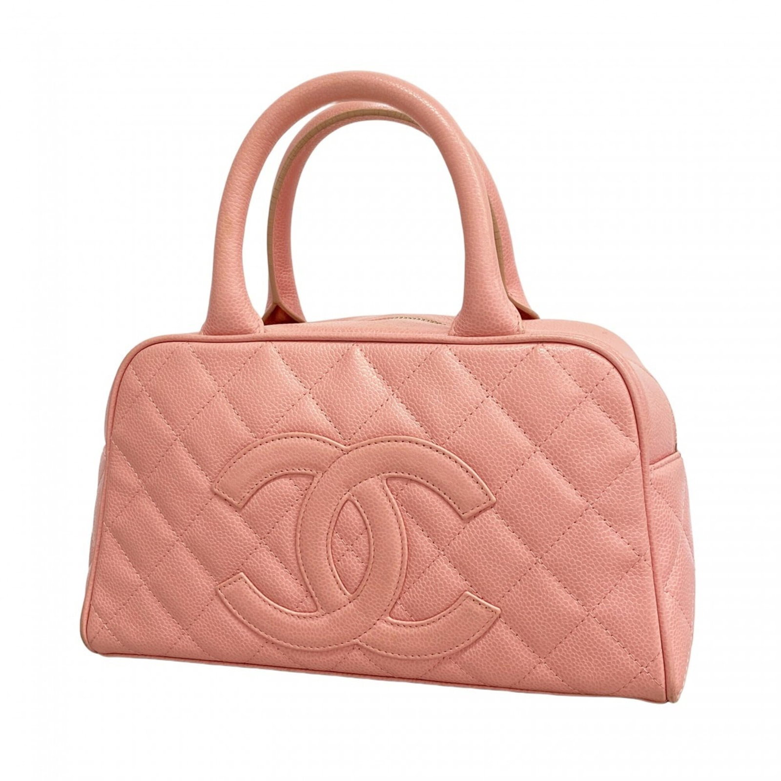 Chanel Handbag Grained Calfskin: Chanel Handbag Grained Calfskin Grained Calfskin Pink Chanel Handbag. This used handbag features a distinctive pink color and gold hardware, made from high-quality grained calfskin material. With its