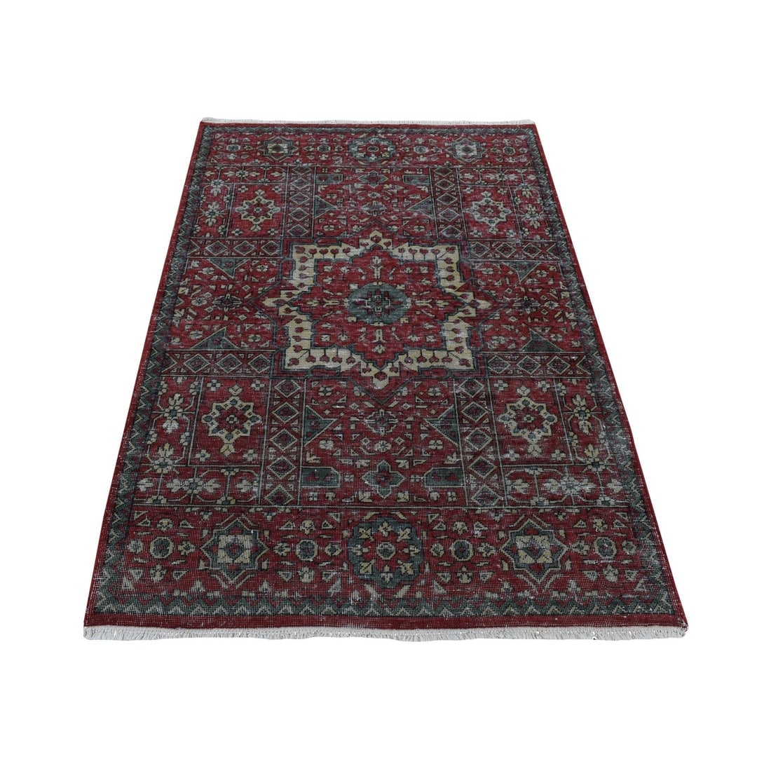 Mamluk Worn Wool Hand Knotted Red Rug Four By Six: Mamluk Worn Wool Hand Knotted Red Rug Four By Six The Mamluk Worn Wool Hand Knotted Red Rug boasts a rich history and stunning design. Made from high-quality wool, this hand-knotted rug features an