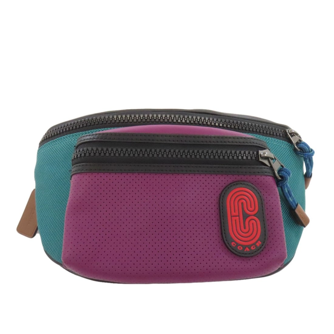 Strict rules apply to this leather bag: Strict rules apply to this leather bag Purple x Green x Black leather body bag from COACH. This stylish bag features high-quality exterior material and notable design elements. The bag's distinctive c