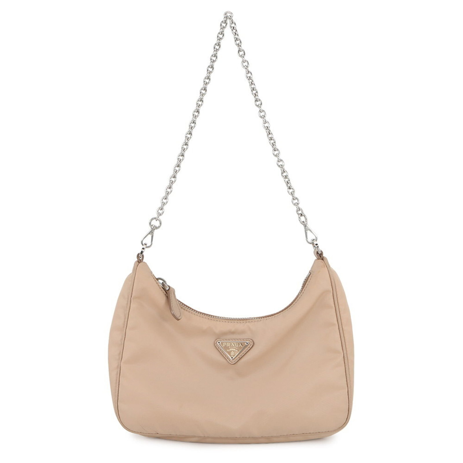 Prada Handbag Shoulder Bag Nylon: Prada Handbag Shoulder Bag Nylon The Prada Nylon Shoulder Bag boasts a chic beige color and sleek silver hardware, making for a stylish accessory. With its durable nylon material and sturdy zipper clo