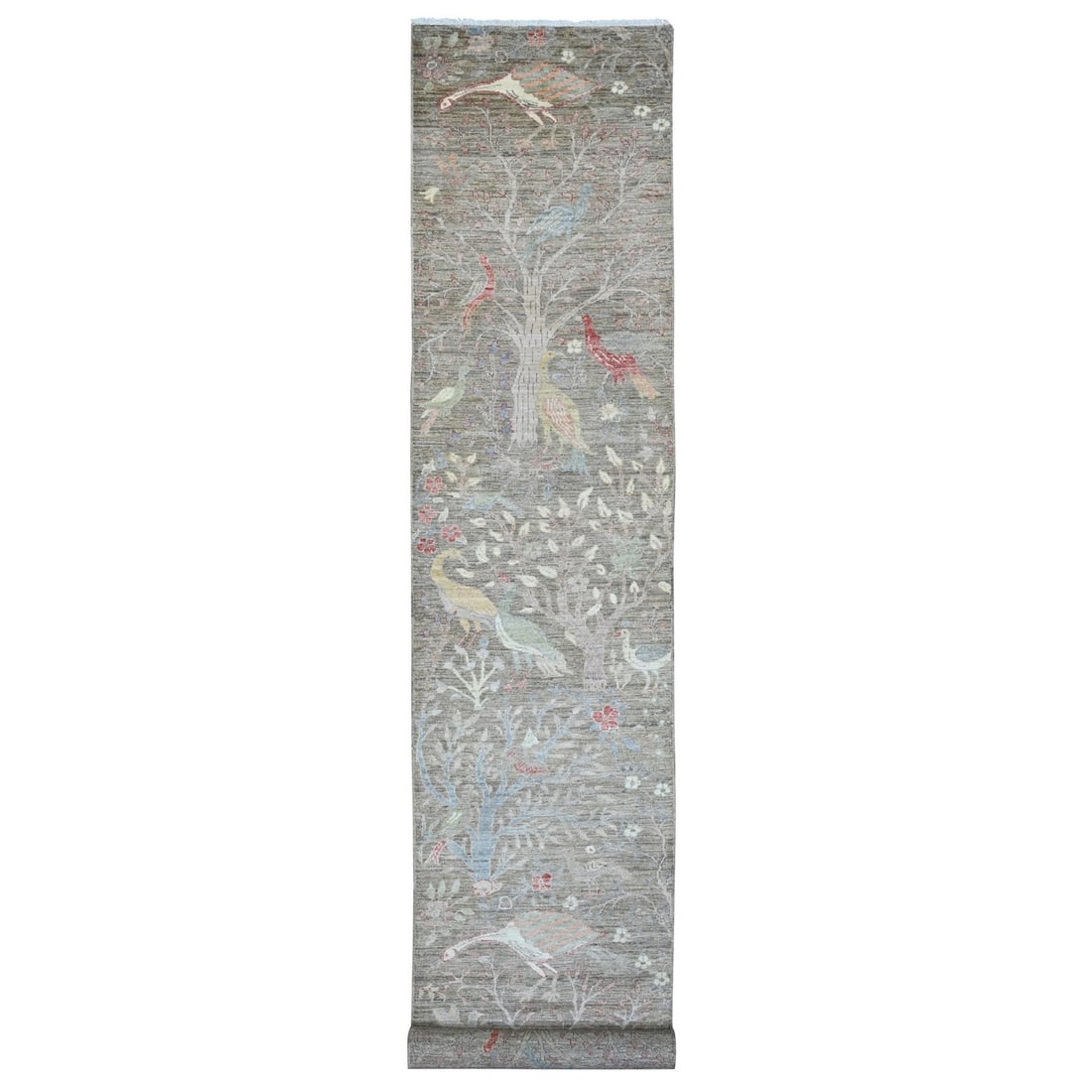 Brown Hand Knots Soft Wool Runner Rug with Peshawar Birds Design (1 of 6)