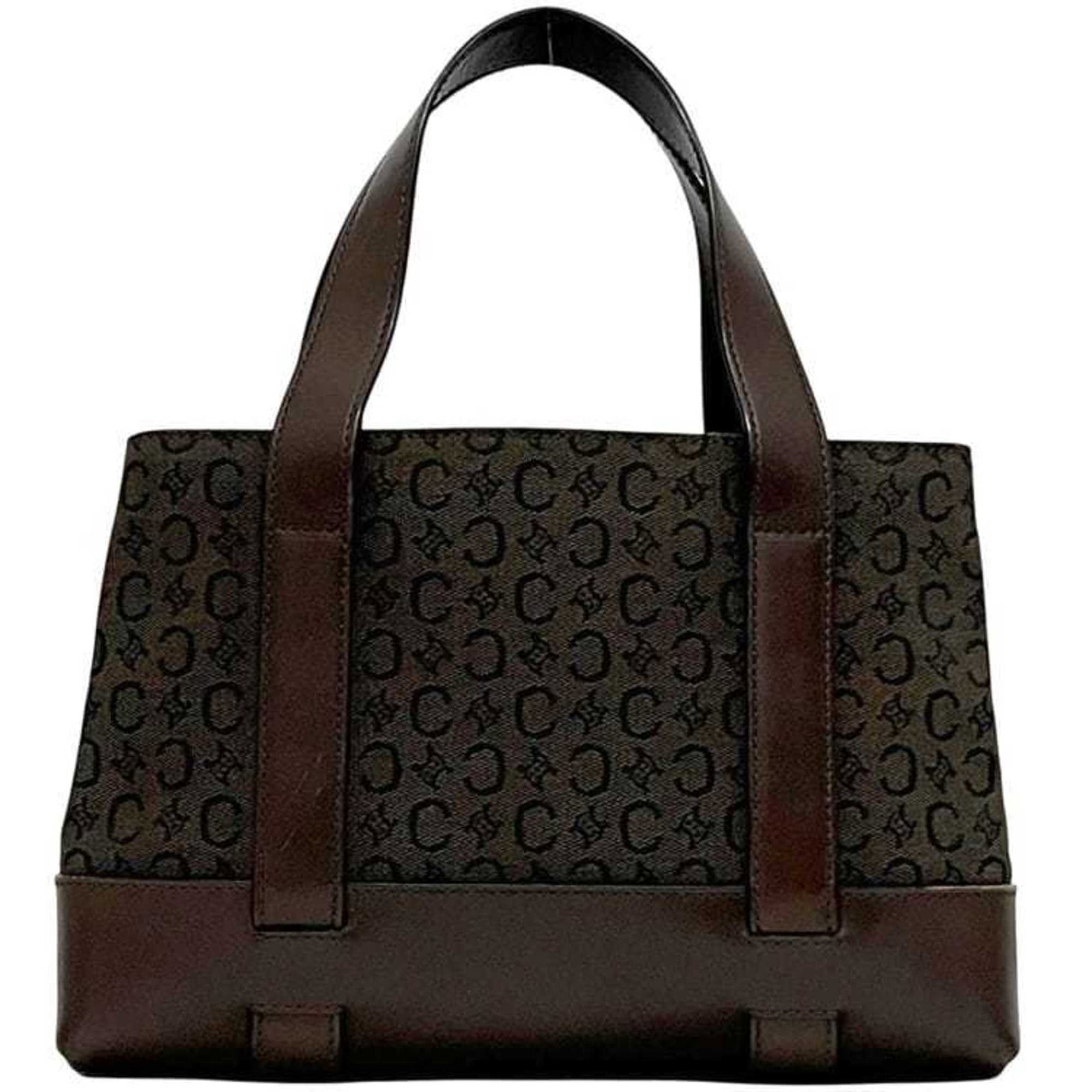 Celine Handbag Canvas Leather: Celine Handbag Canvas Leather Canvas and leather come together in this Celine handbag, featuring a brown color and dimensions of 19cm x 28cm x 8cm. The bag has a few traces of usage, with some scratch