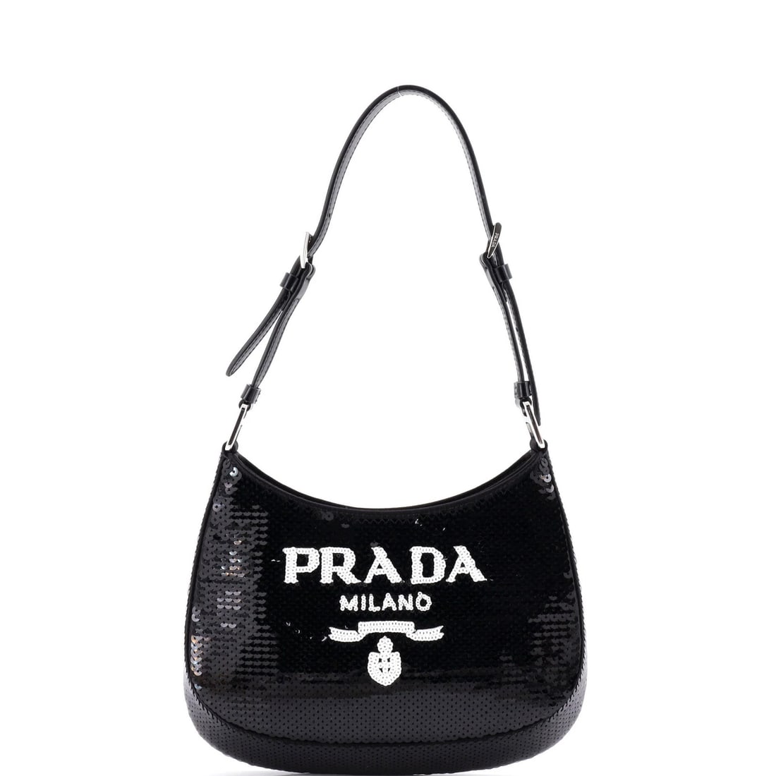 Cleo Shoulder Bag Sequins Small By Prada: Cleo Shoulder Bag Sequins Small By Prada The Cleo Shoulder Bag Sequins Small by Prada boasts a striking exterior of sequins in black, adding a touch of glamour to any outfit. This small shoulder bag m