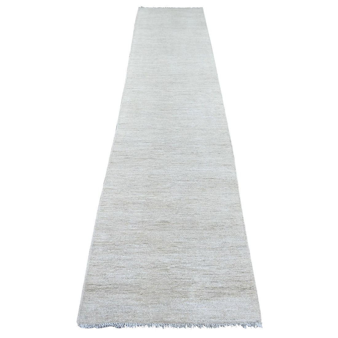 Hand knotted ivory ghazni wool runner rug 2'6"x11'6" solid pattern plain: Hand knotted ivory ghazni wool runner rug 2'6"x11'6" solid pattern plain Hand-knotted in traditional AFGHANISTAN techniques, this ivory ghazni wool runner rug boasts a stunning solid pattern in a
