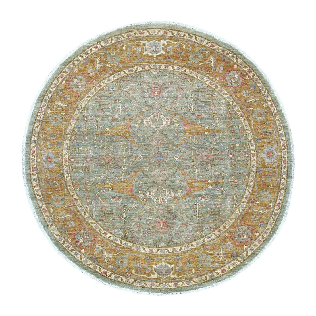 Peshawar Green Round Rug with Bijar Garus Design and Wool Hand Knotted in a 6' x 6: Peshawar Green Round Rug with Bijar Garus Design and Wool Hand Knotted in a 6' x 6 The Peshawar Green Round Rug boasts an all-over Bijar Garus design in rich green and gold hues, expertly hand-knotted