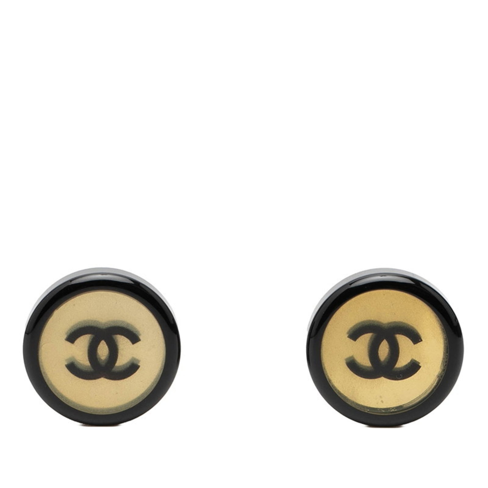 Chanel Clip Earrings Plastic: Chanel Clip Earrings Plastic Used Chanel clip earrings in black and gold plastic. The earrings have traces of usage with minor scratches and dirt, showing signs of general wear. They are available in 