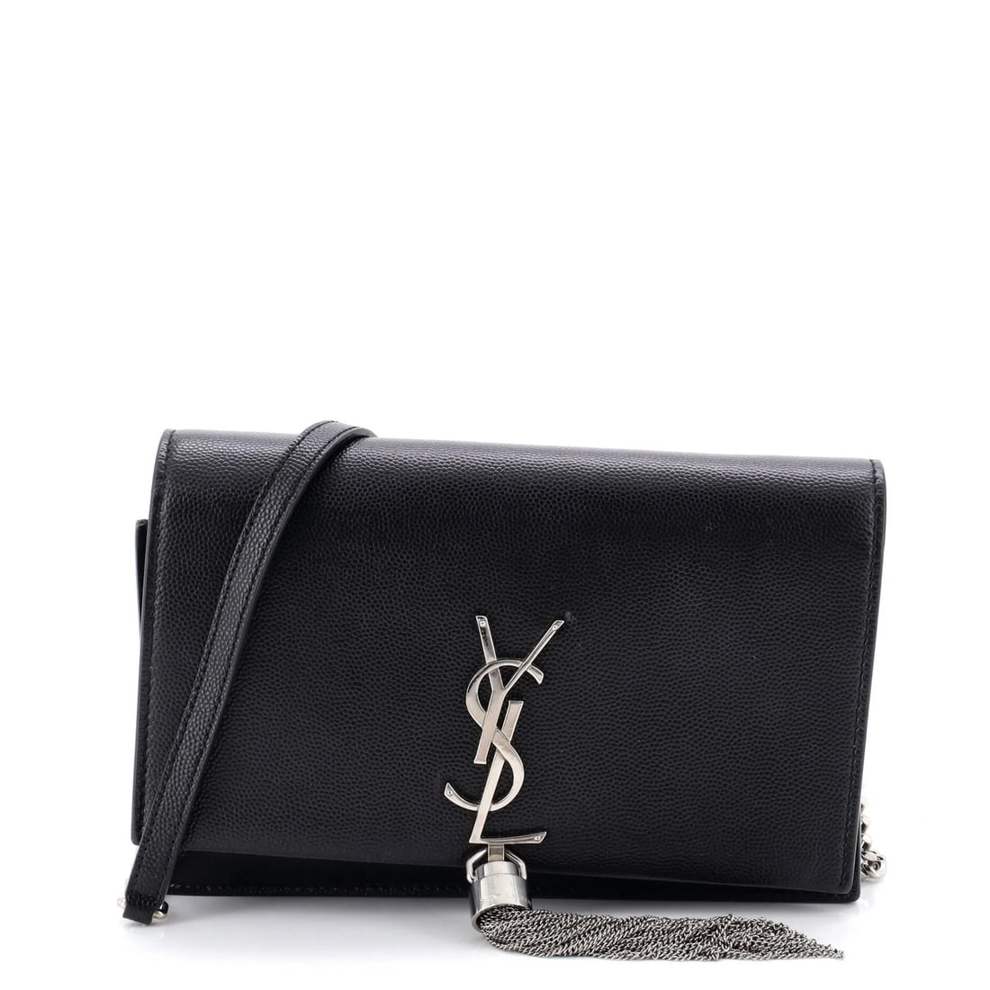 Small grainy leather crossbody bag monogram classic tassel saint laurent: Small grainy leather crossbody bag monogram classic tassel saint laurent Small grainy leather crossbody bag in classic monogram tassel style. Features heavy corner wear, edge wear, scuffs, and minor c