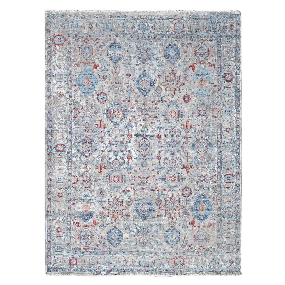 Blue Antiqued Tebraz Design Distressed Wool Hand Knotted Rug 8'9x11'9: Blue Antiqued Tebraz Design Distressed Wool Hand Knotted Rug 8'9x11'9 The Blue Antiqued Tebraz Design Distressed Wool Hand Knotted Rug boasts an authentic Indian design, featuring a striking blue fiel
