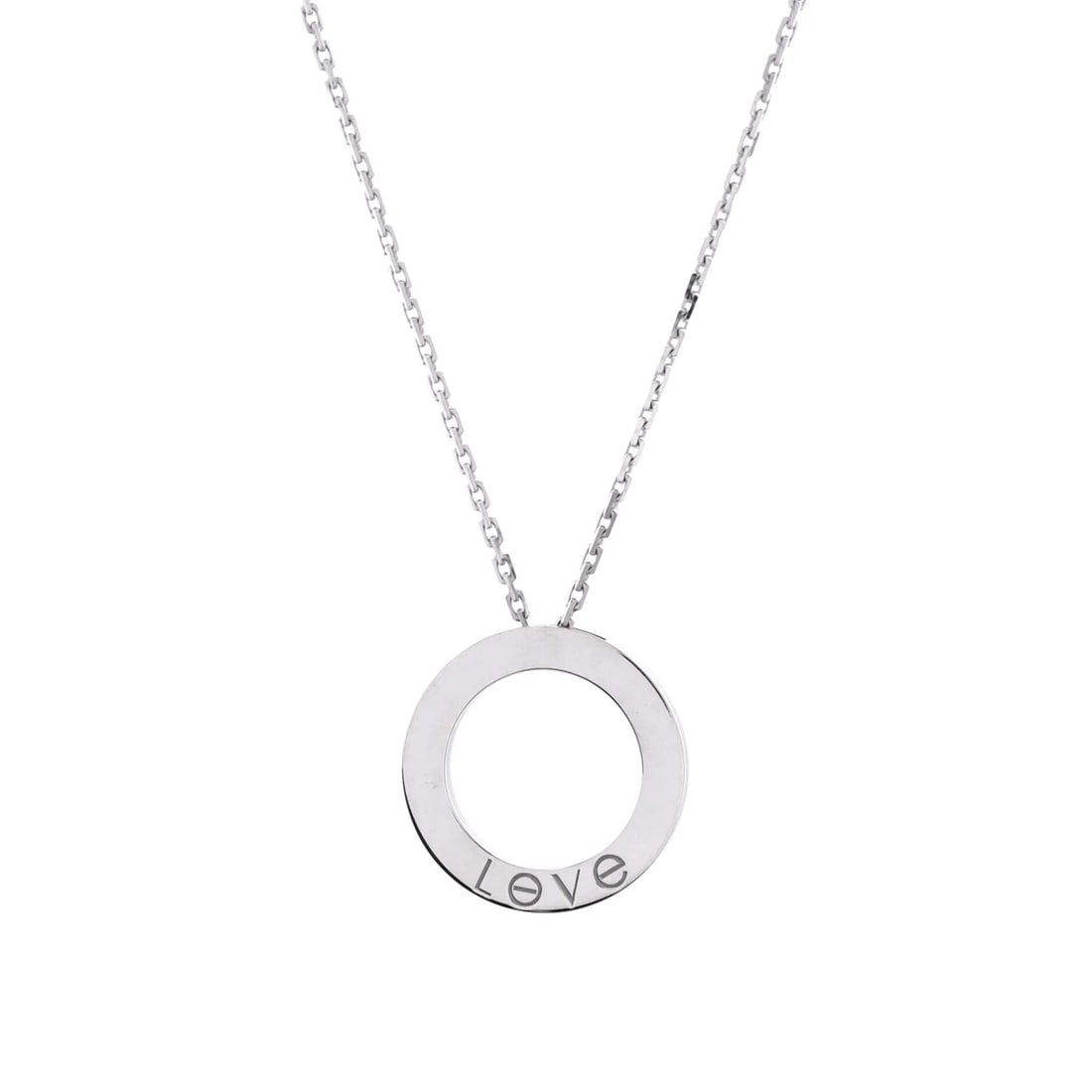 Cartier Love Pendant 18k White Gold Necklace: Cartier Love Pendant 18k White Gold Necklace Cartier's iconic Love Pendant Necklace shines in 18k white gold, its sleek design and moderate wear evident in its very good condition. The necklace measur