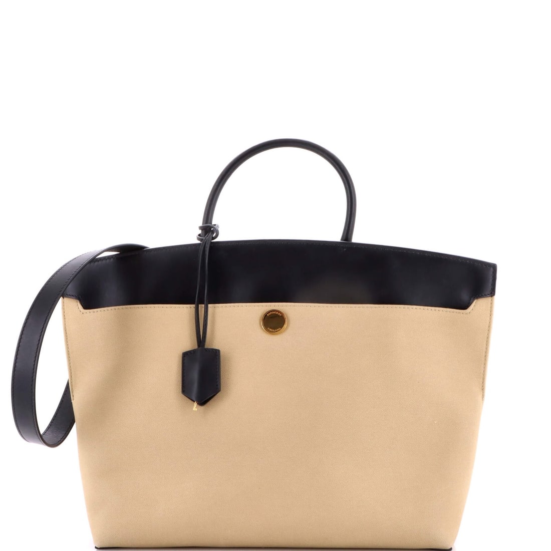 Large leather bag with canvas top from society: Large leather bag with canvas top from society Neutral-colored canvas top and plain leather exterior make this large society bag a stylish choice. With its gold hardware and classic top handle design,