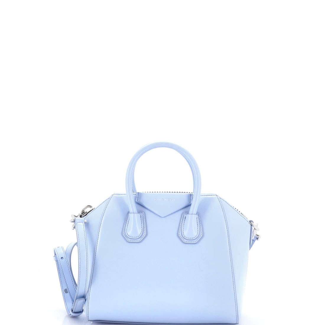 Glazed Leather Bag Mini Anti: Glazed Leather Bag Mini Anti Glazed leather mini satchel from Givenchy's Antigona bag collection. This stylish and compact bag features blue exterior with neutral interior, silver hardware, and measur