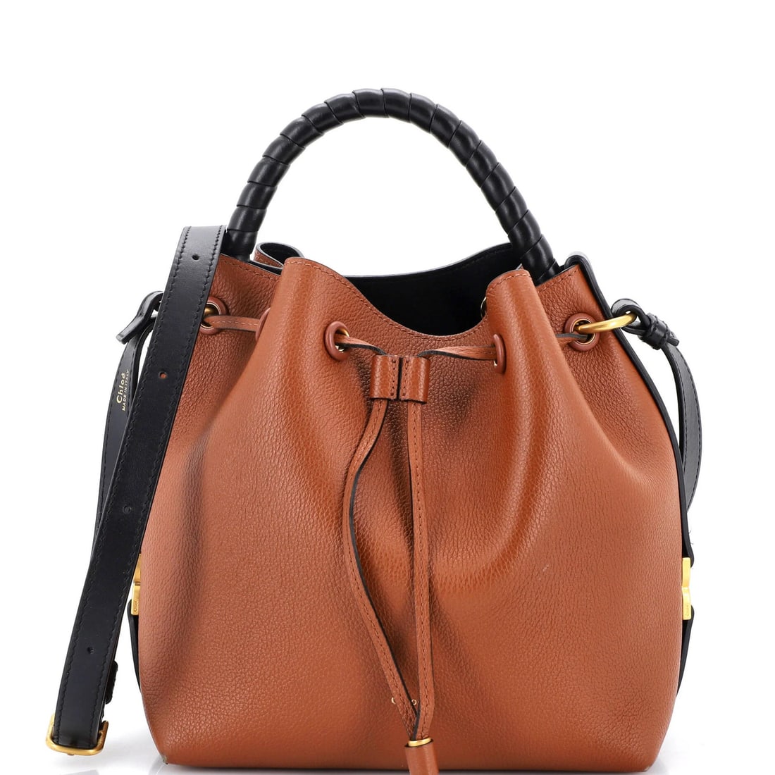 Leather Chloe Marcie Bucket Bag: Leather Chloe Marcie Bucket Bag This Chloe Marcie Bucket Bag boasts a rich brown leather exterior with aged gold hardware, adding a touch of sophistication to its classic design. The bag's interior fe