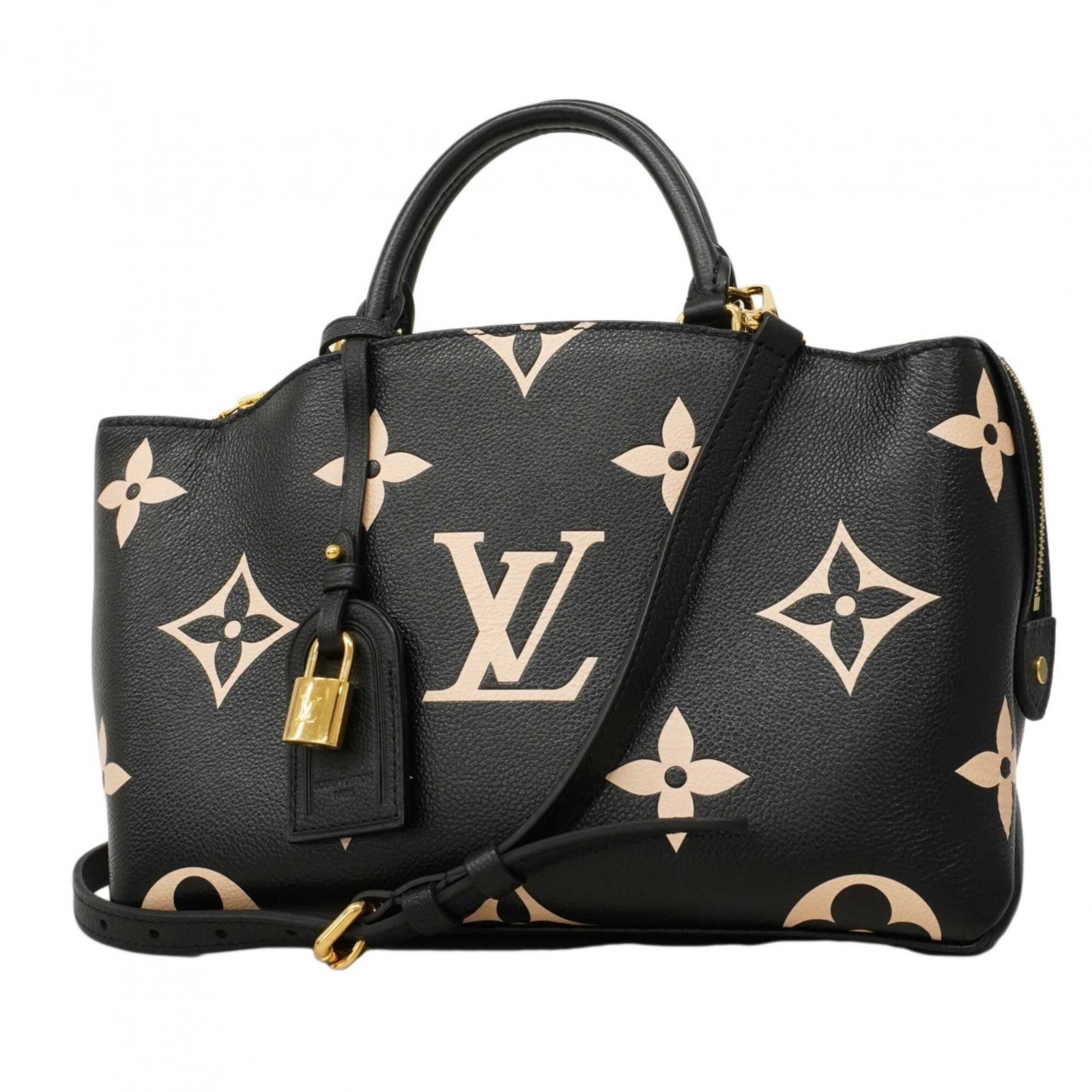 Louis Vuitton Handbag: Louis Vuitton Handbag Beige or Black Louis Vuitton Handbag for Women, featuring classic design and timeless style. Measuring 20.5cm x 29.5cm x 12cm, this handbag has a worn look with traces of usage, 