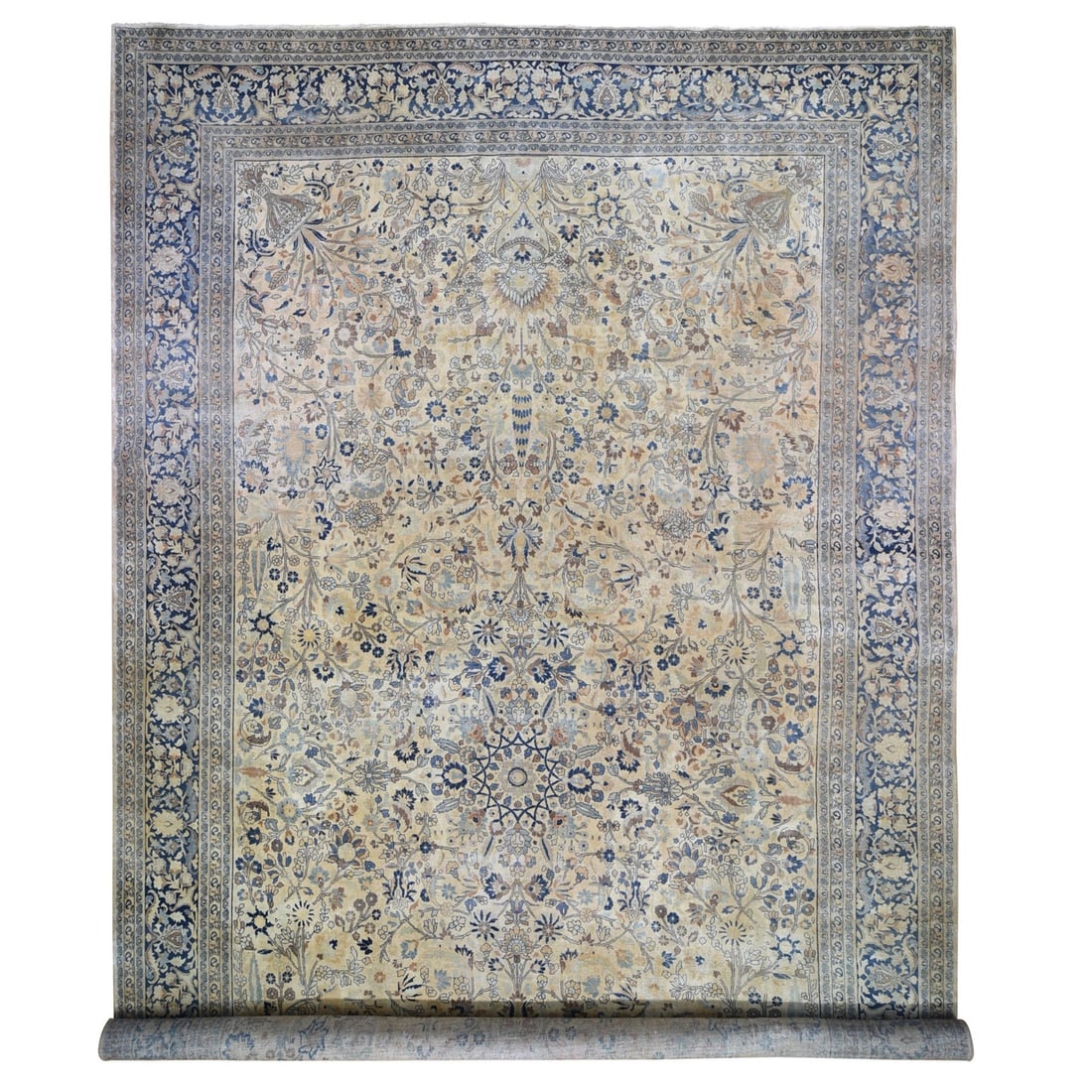 Antique Oversized Cream Rug with Hand Knotted Colors: Antique Oversized Cream Rug with Hand Knotted Colors The antique oversized cream rug boasts an impressive hand-knotted design in rich, muted tones. Its intricate weave and classic oriental style evoke